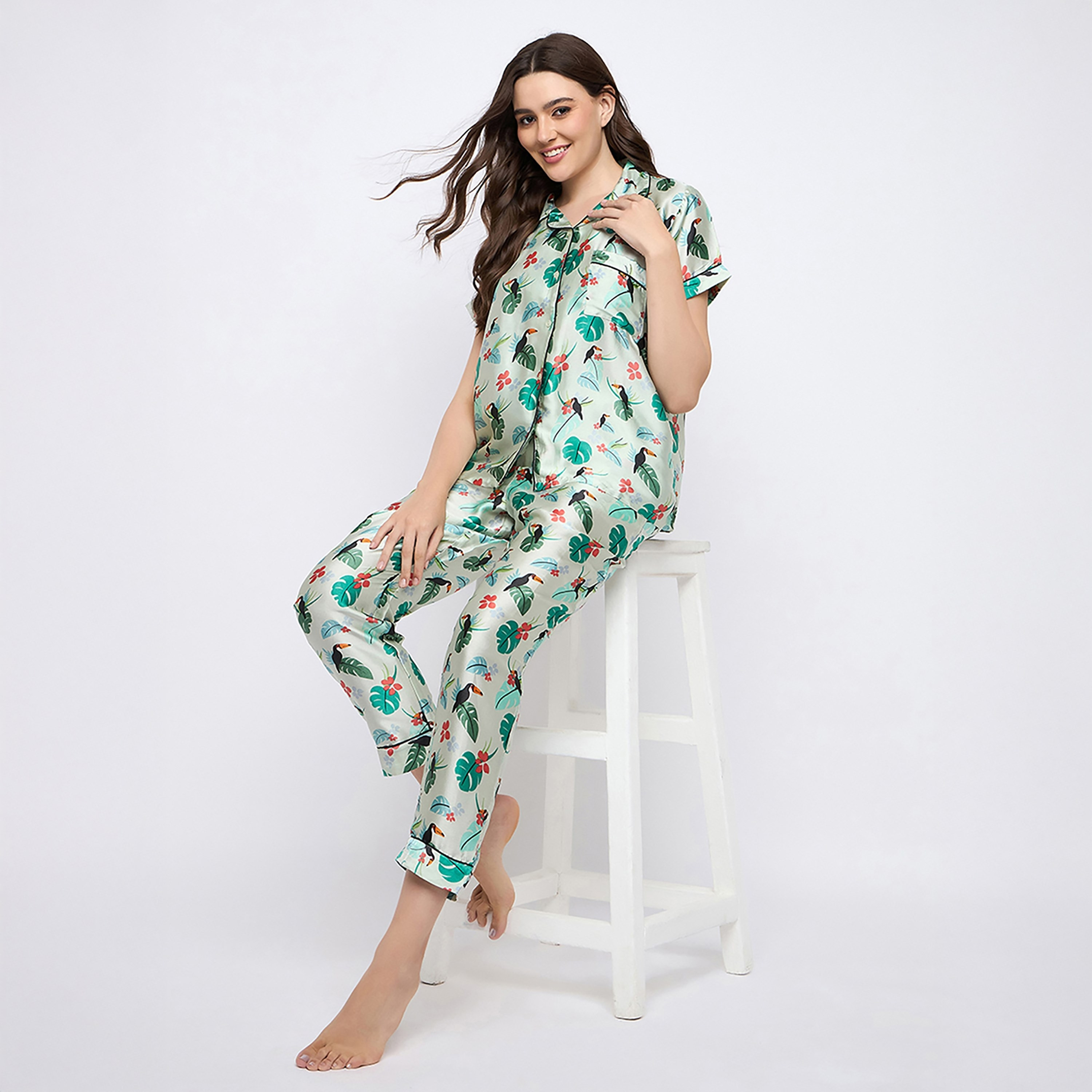 Clovia Tropical Printed Button Down Women's Shirt & Pyjama Set in Pastel Green- Satin-women-clothing-nightwear-pyjamas-longsets-image-2