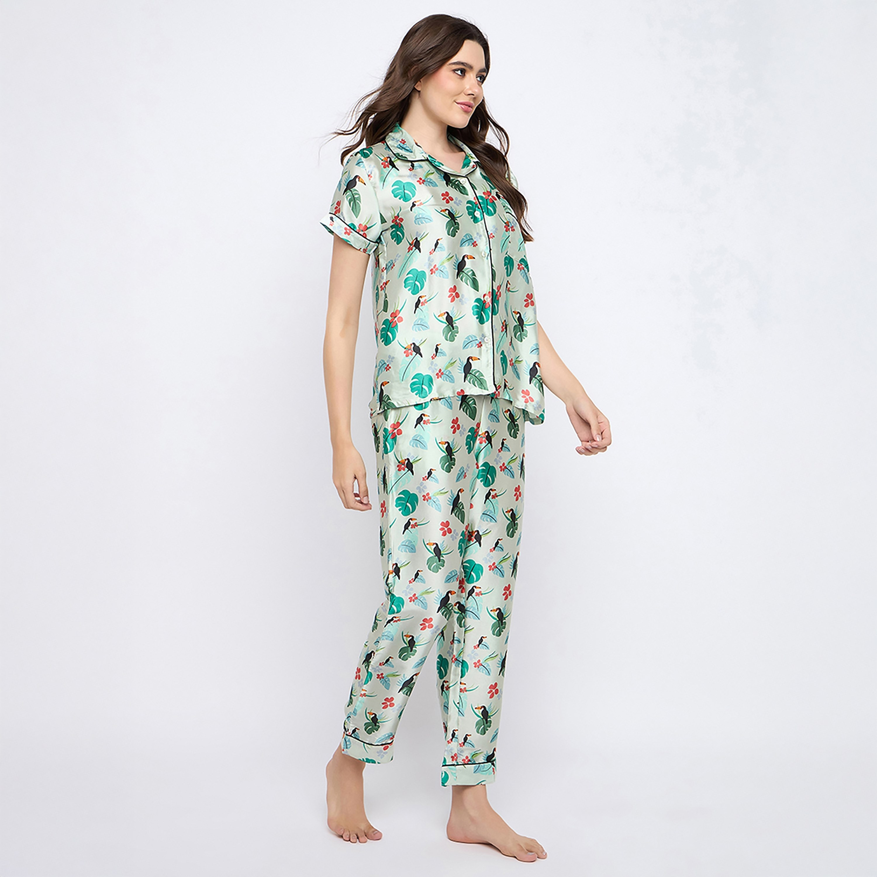 Clovia Tropical Printed Button Down Women's Shirt & Pyjama Set in Pastel Green- Satin-women-clothing-nightwear-pyjamas-longsets-image-3