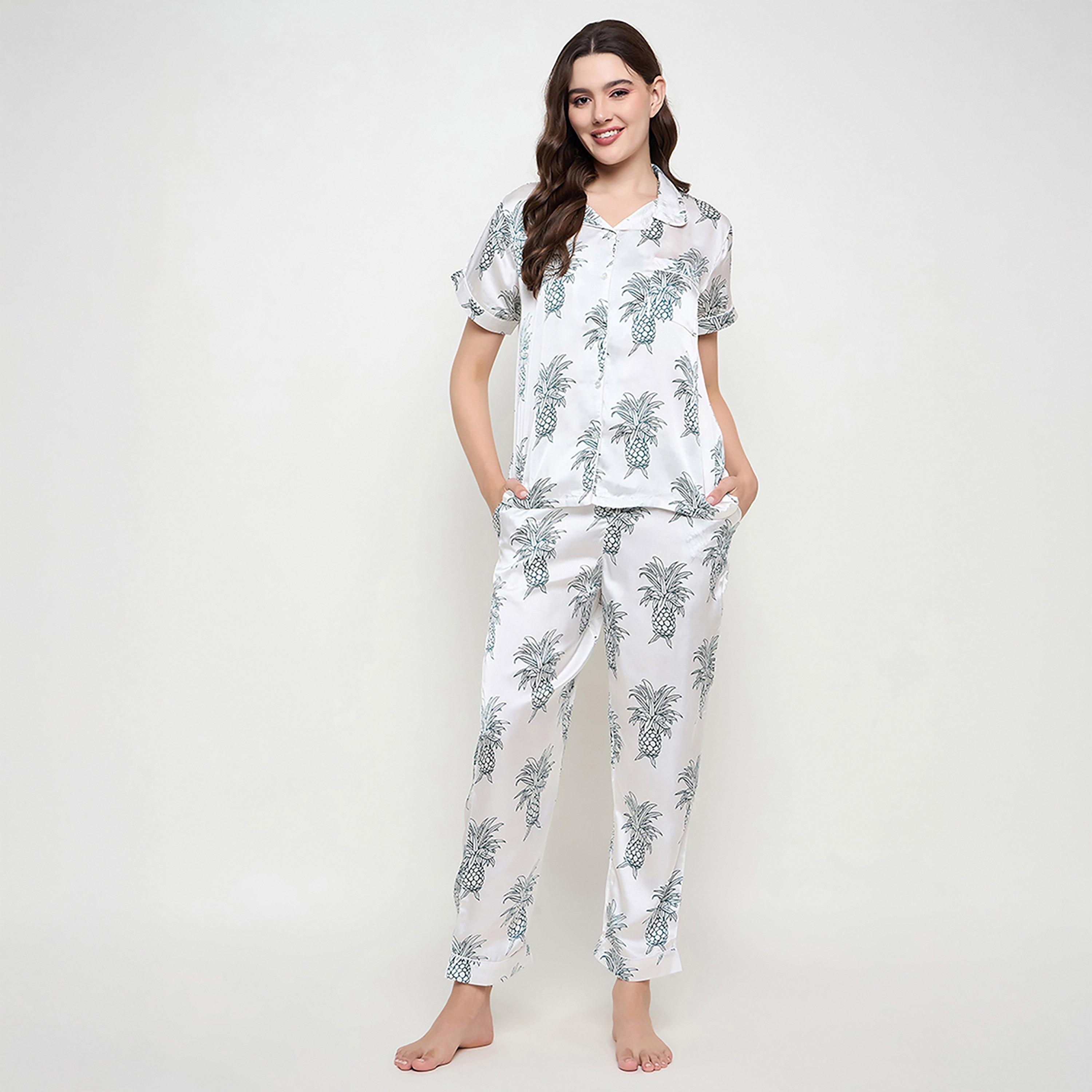 Clovia Fruit Printed Button Down Women's Shirt & Pyjama Set in White- Satin-women-clothing-nightwear-pyjamas-longsets-image-1