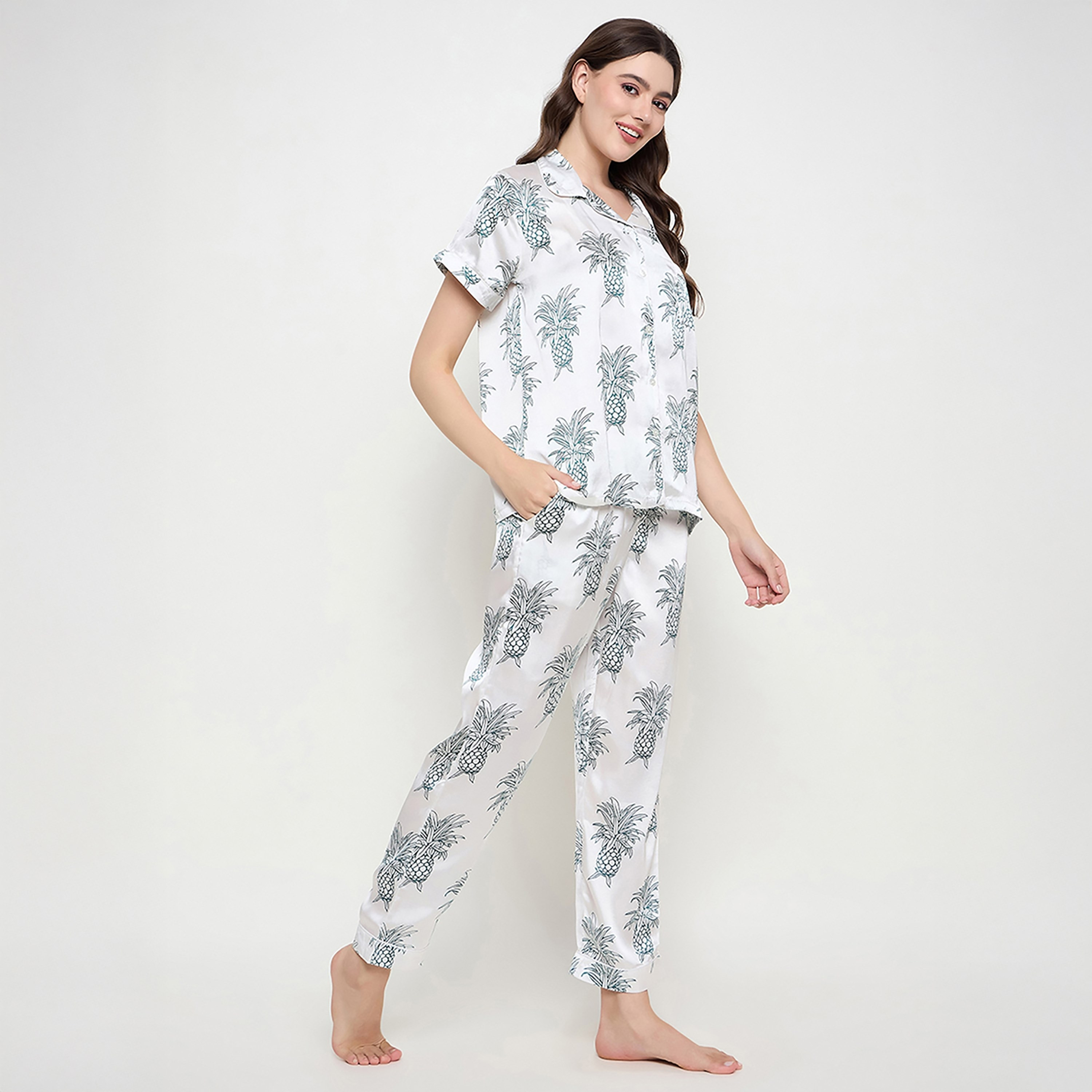 Clovia Fruit Printed Button Down Women's Shirt & Pyjama Set in White- Satin-women-clothing-nightwear-pyjamas-longsets-image-2