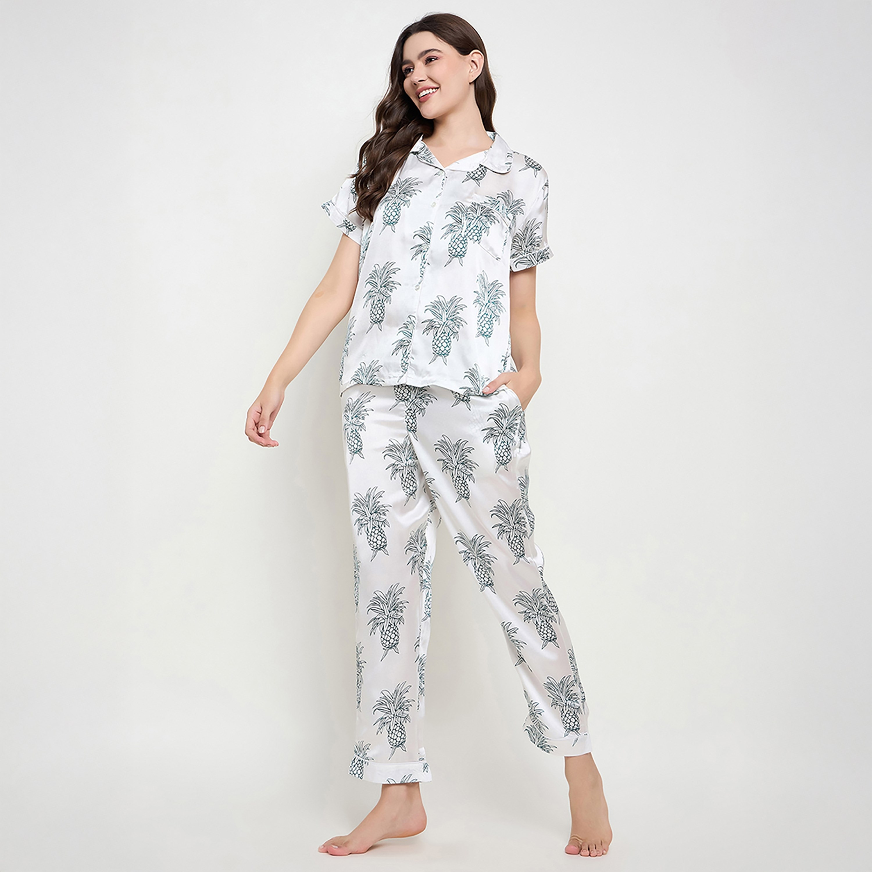 Clovia Fruit Printed Button Down Women's Shirt & Pyjama Set in White- Satin-women-clothing-nightwear-pyjamas-longsets-image-3