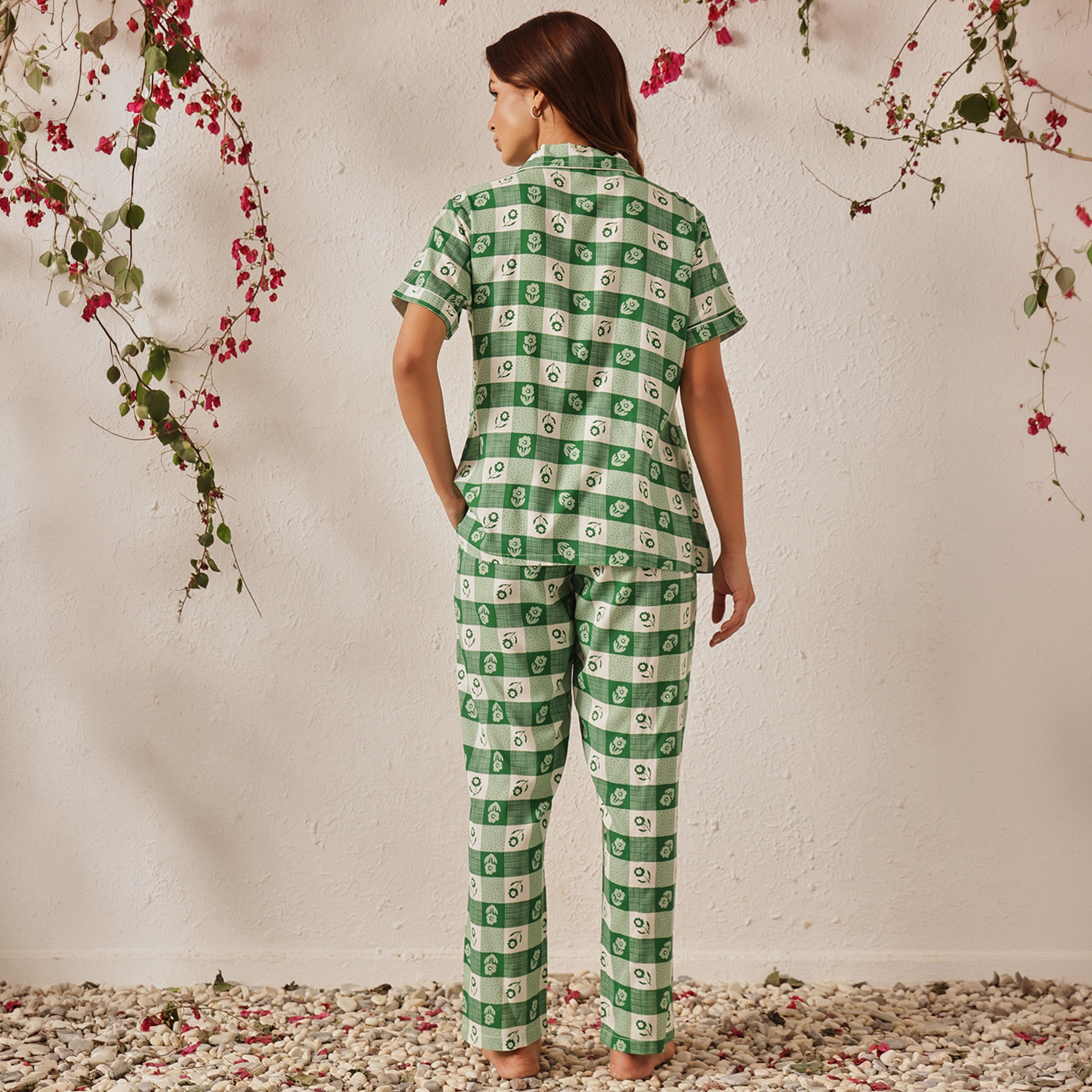 Clovia Printed Button-Down Women's Shirt & Pyjama Set in Green - Rayon-women-clothing-nightwear-pyjamas-longsets-image-4