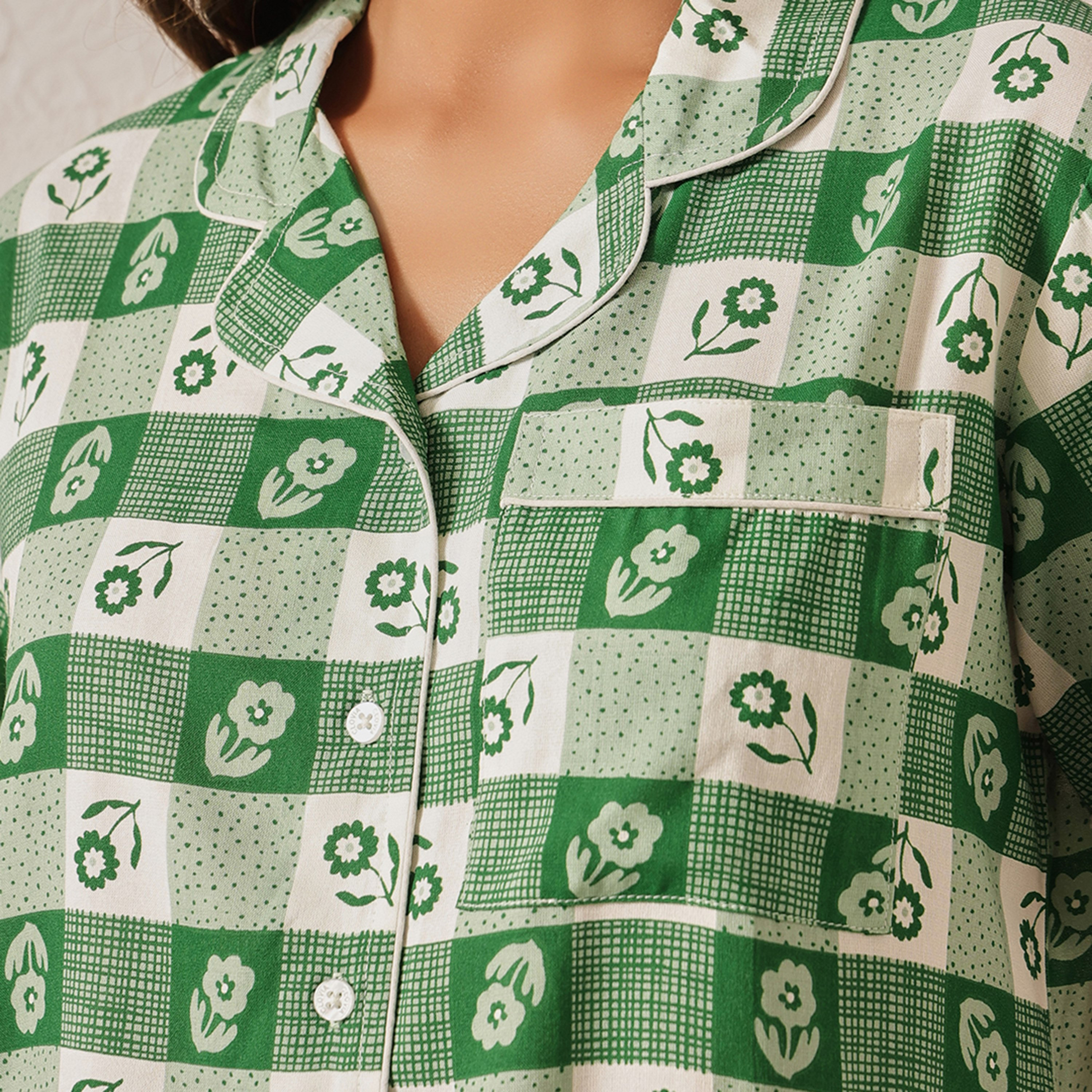 Clovia Printed Button-Down Women's Shirt & Pyjama Set in Green - Rayon-women-clothing-nightwear-pyjamas-longsets-image-5