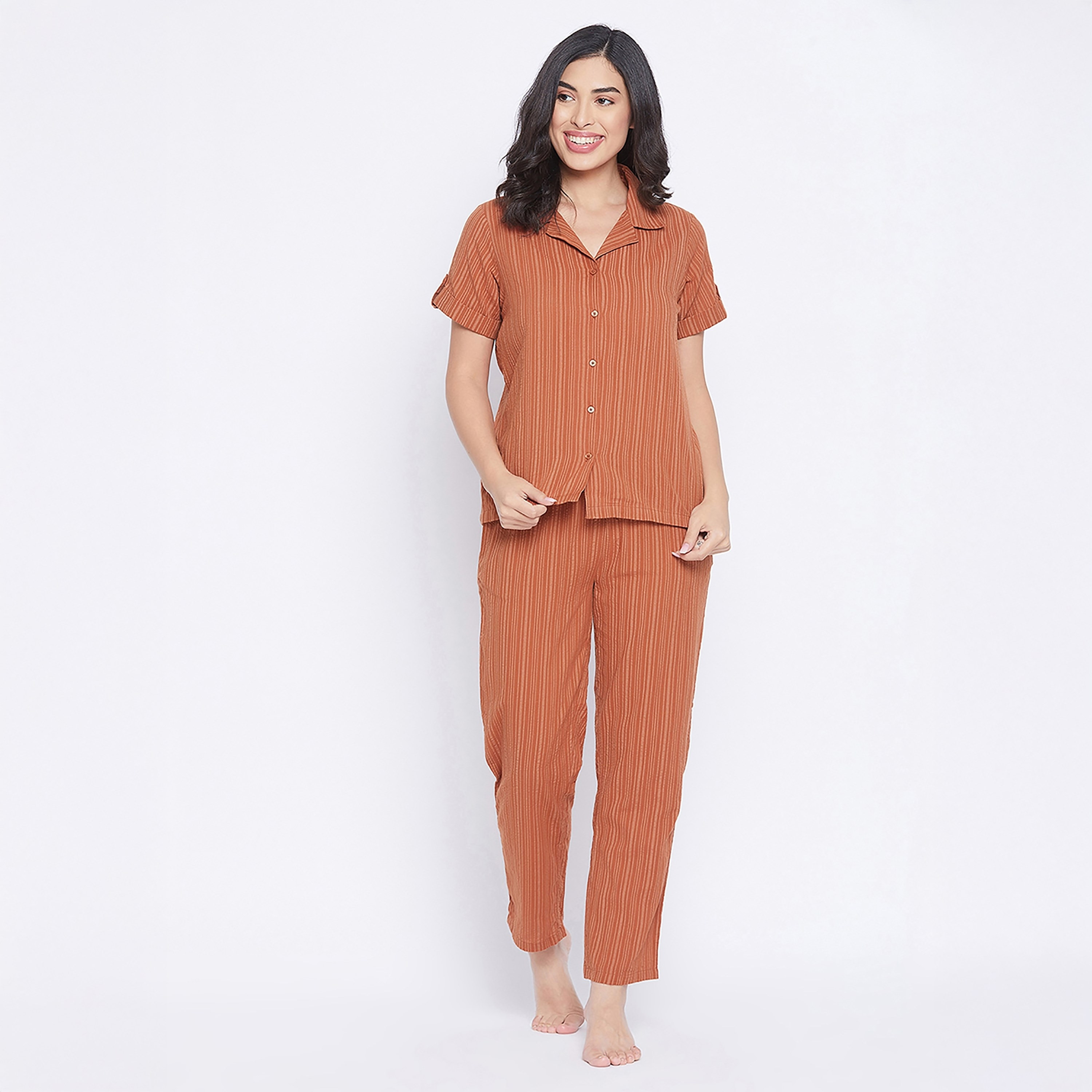 Clovia Sassy Stripes Button Down Women's Shirt & Pyjama in Rust Orange - Cotton-women-clothing-nightwear-pyjamas-longsets-image-1
