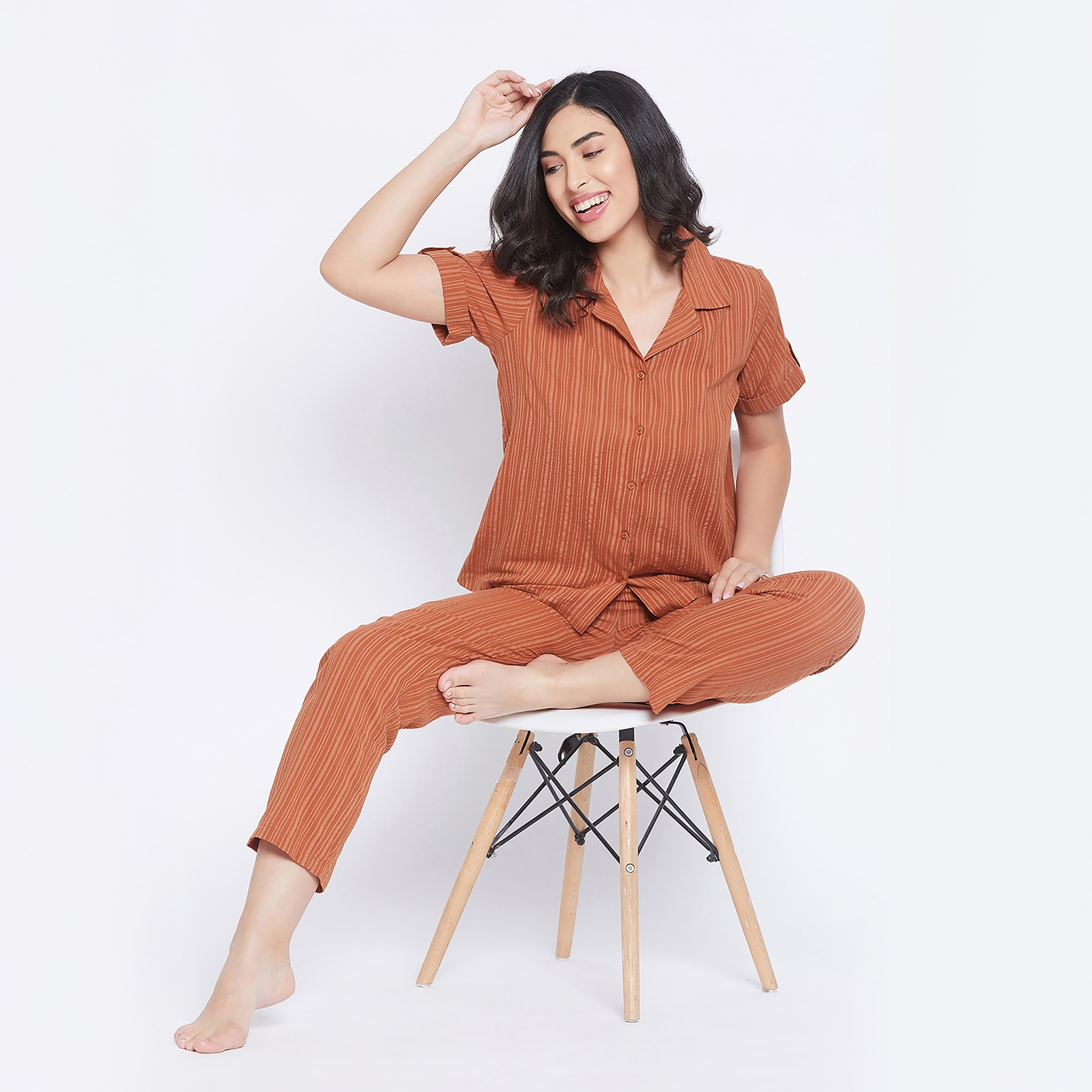 Clovia Sassy Stripes Button Down Women's Shirt & Pyjama in Rust Orange - Cotton-women-clothing-nightwear-pyjamas-longsets-image-2