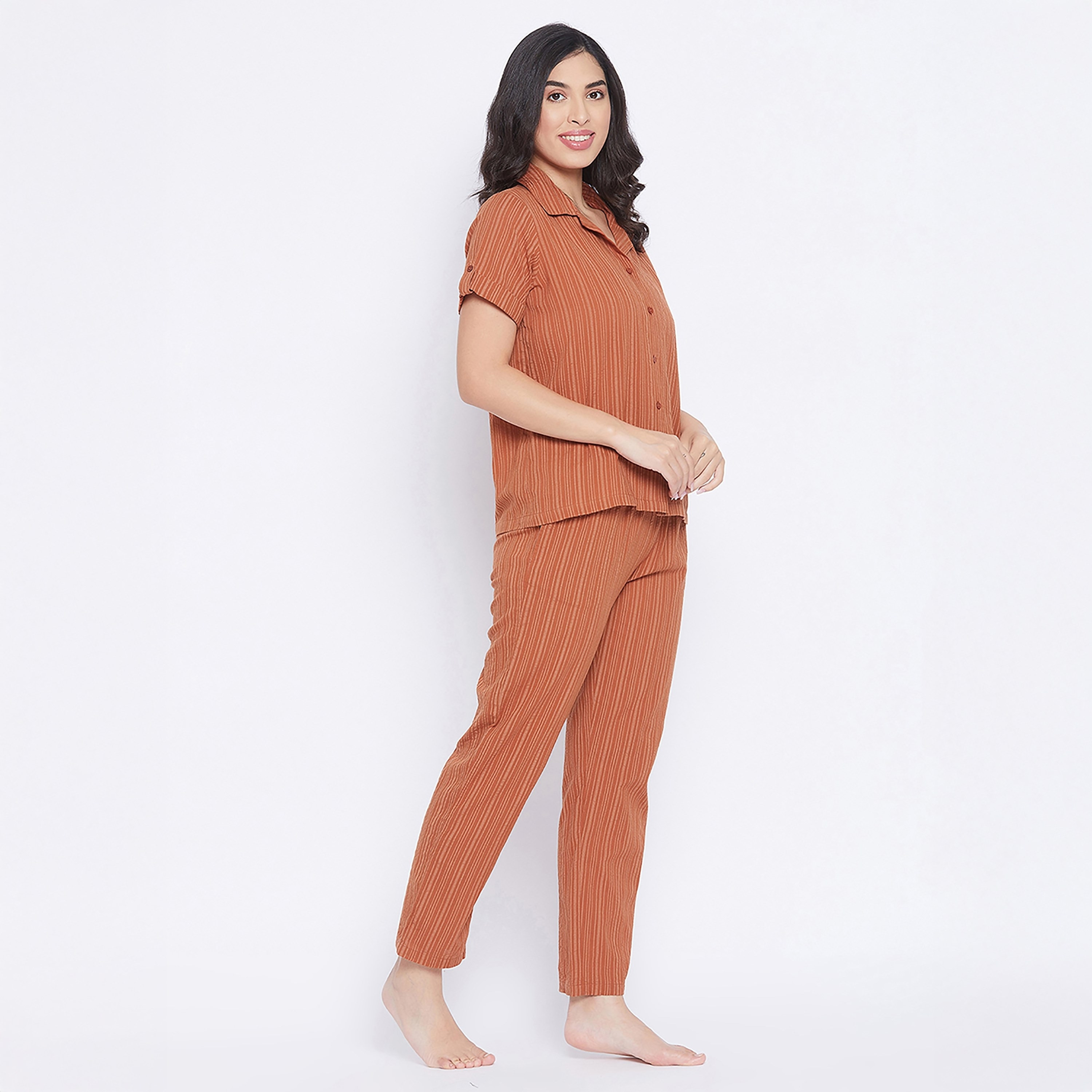 Clovia Sassy Stripes Button Down Women's Shirt & Pyjama in Rust Orange - Cotton-women-clothing-nightwear-pyjamas-longsets-image-3