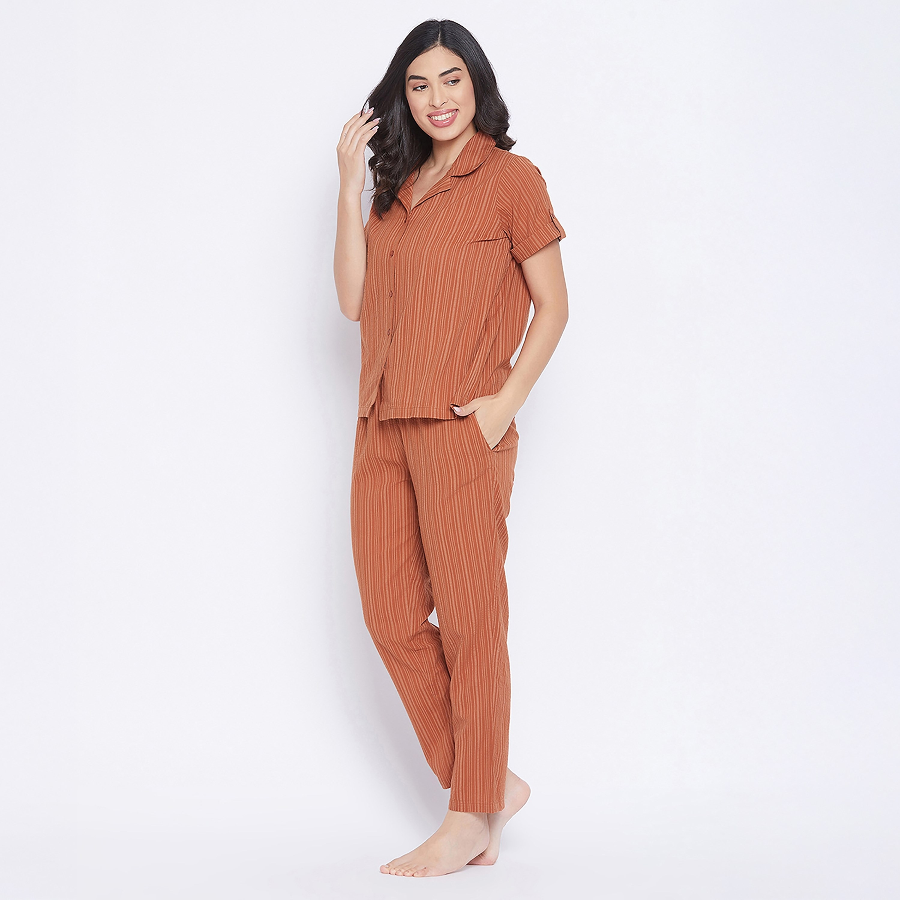 Clovia Sassy Stripes Button Down Women's Shirt & Pyjama in Rust Orange - Cotton-women-clothing-nightwear-pyjamas-longsets-image-4