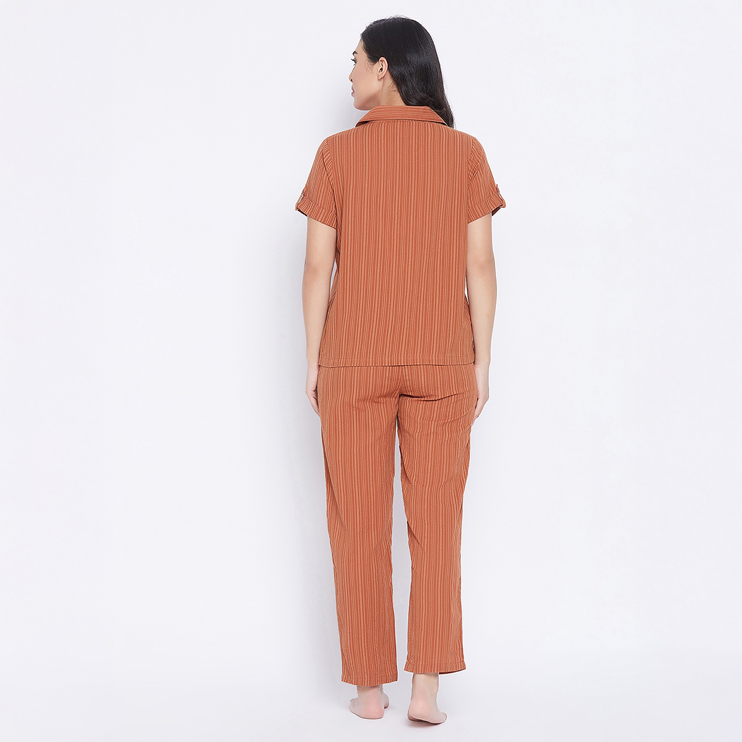 Clovia Sassy Stripes Button Down Women's Shirt & Pyjama in Rust Orange - Cotton-women-clothing-nightwear-pyjamas-longsets-image-5