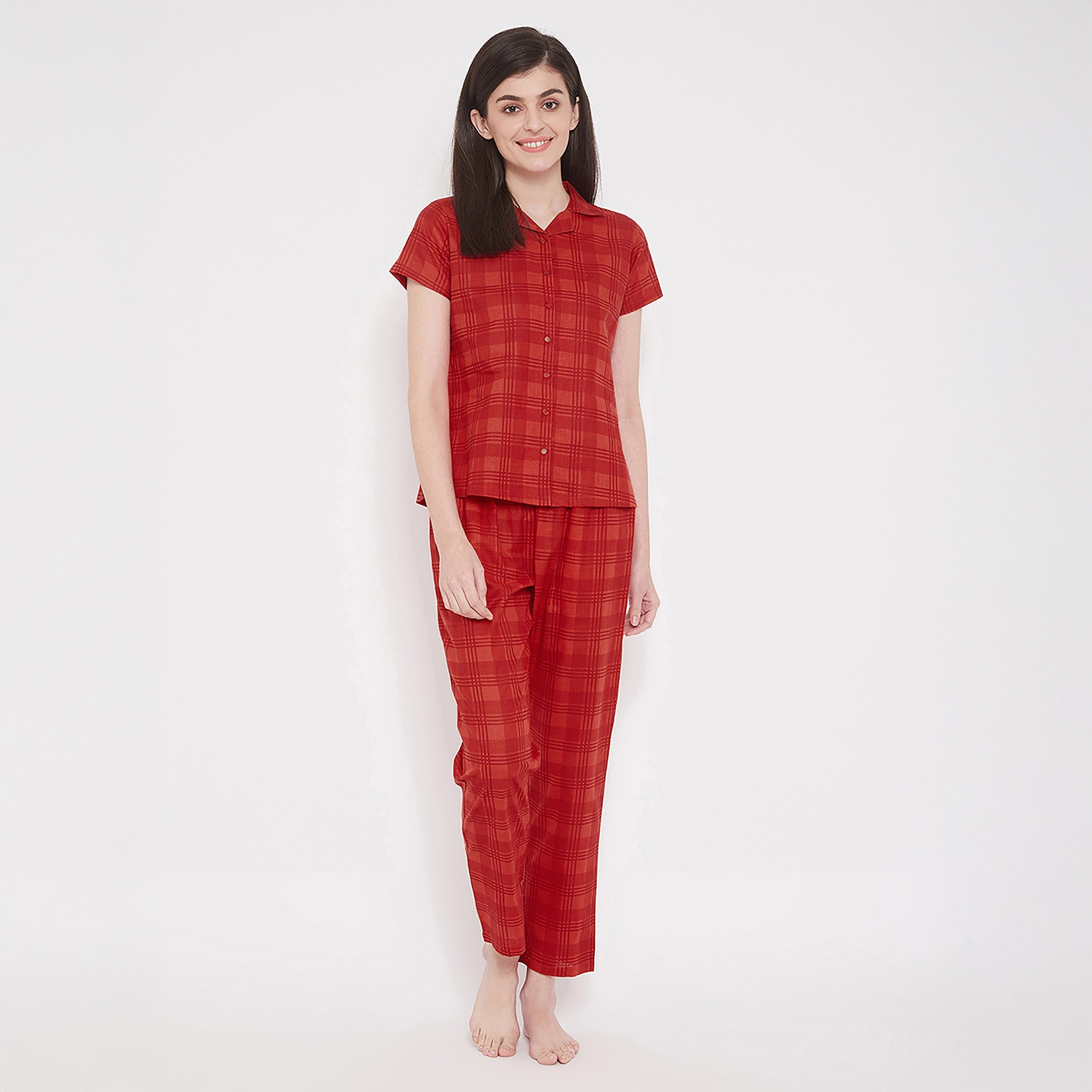 Clovia Classic Checks Button Down Women's Shirt & Pyjama in Red- Rayon-women-clothing-nightwear-pyjamas-longsets-image-1