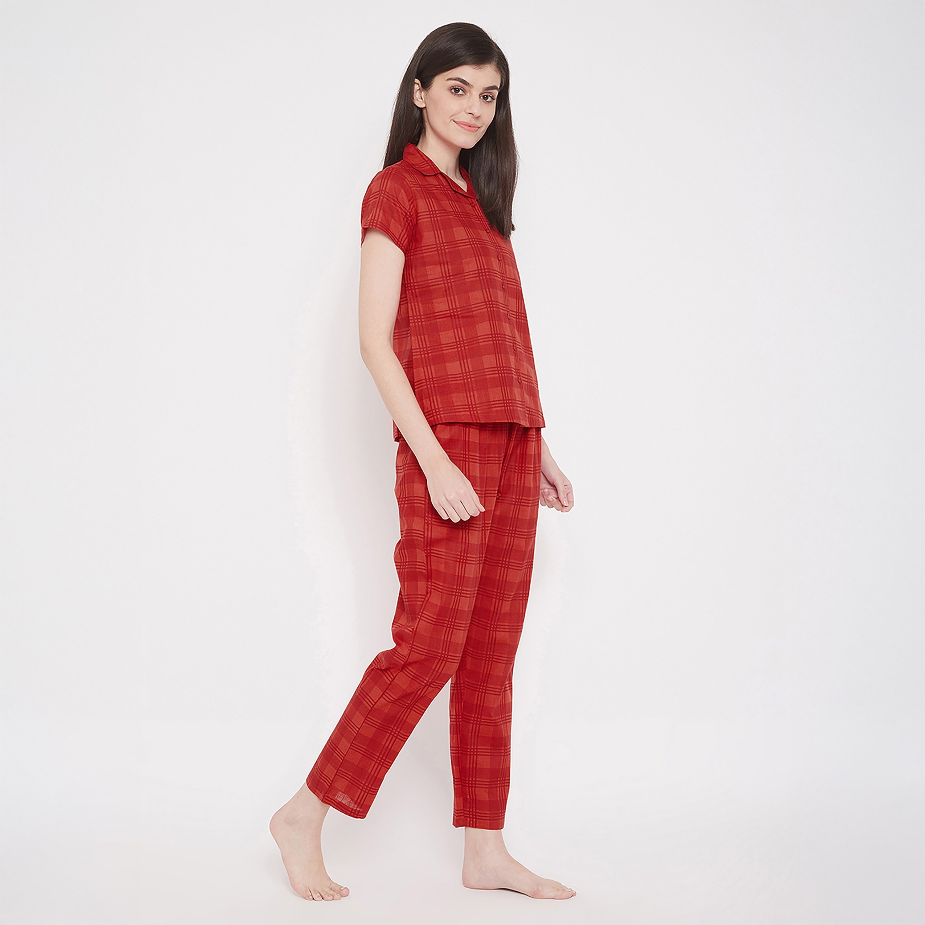 Clovia Classic Checks Button Down Women's Shirt & Pyjama in Red- Rayon-women-clothing-nightwear-pyjamas-longsets-image-2