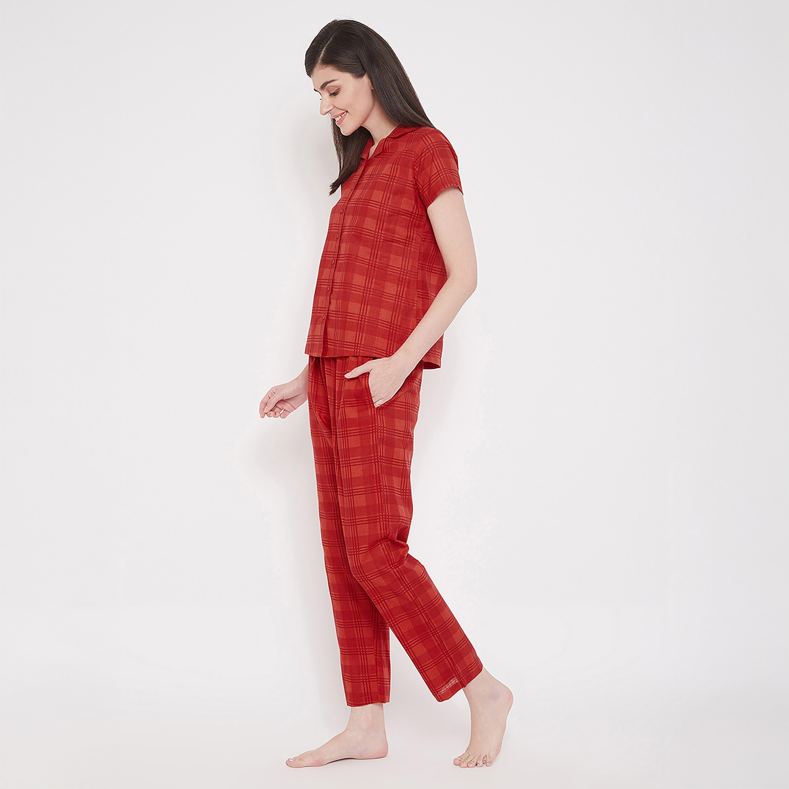 Clovia Classic Checks Button Down Women's Shirt & Pyjama in Red- Rayon-women-clothing-nightwear-pyjamas-longsets-image-3