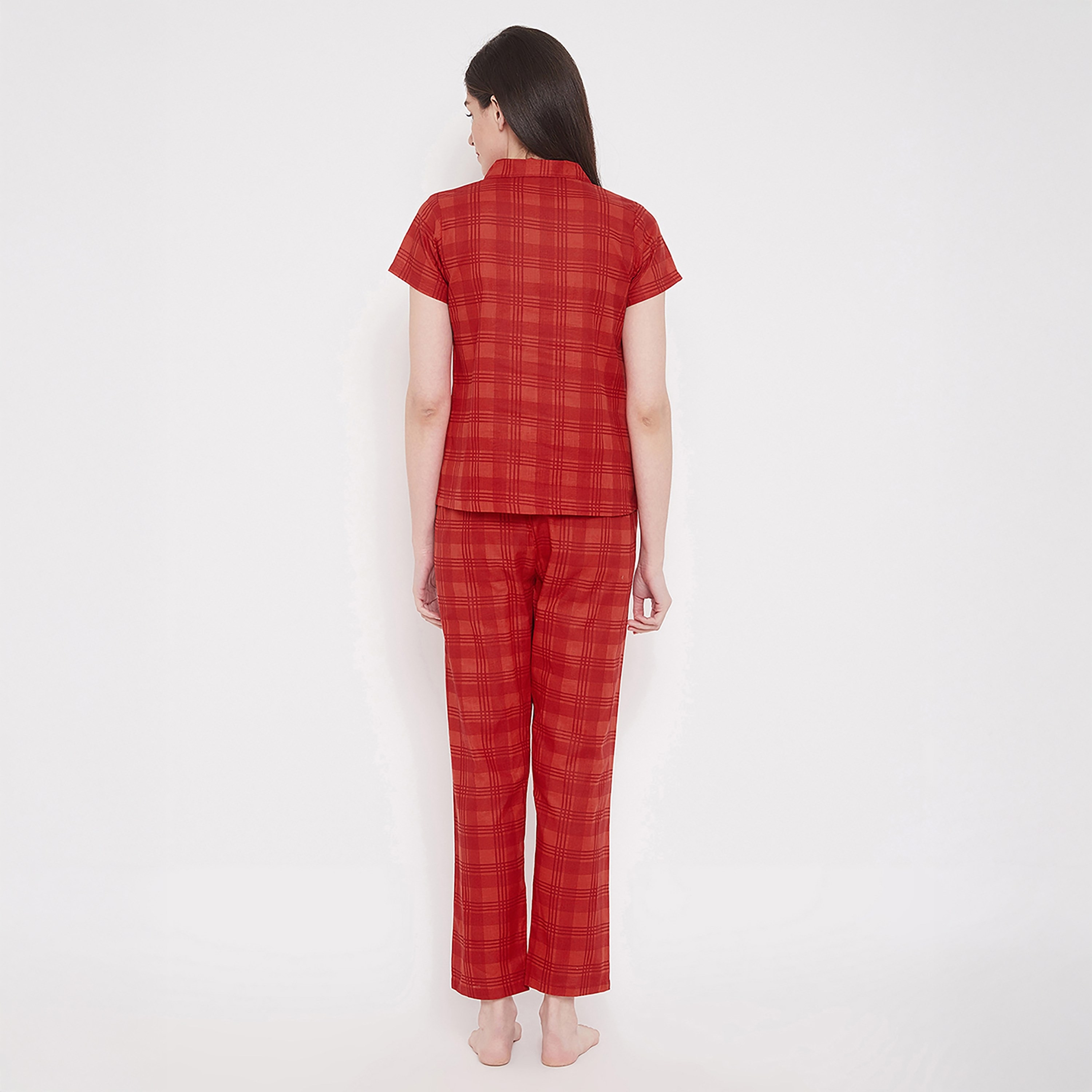 Clovia Classic Checks Button Down Women's Shirt & Pyjama in Red- Rayon-women-clothing-nightwear-pyjamas-longsets-image-4