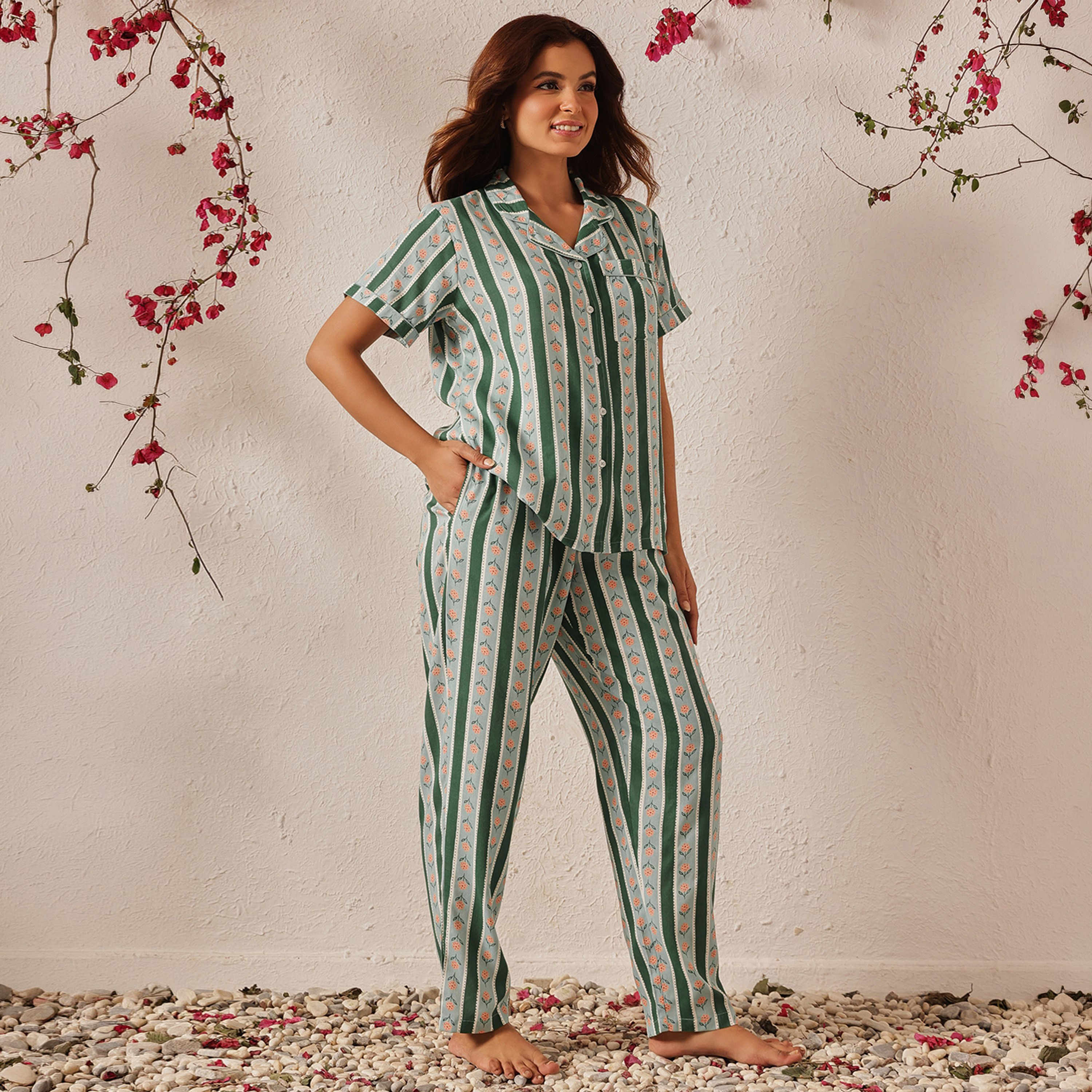 Clovia Printed Button-Down Women's Shirt & Pyjama Set in Green - Rayon-women-clothing-nightwear-pyjamas-longsets-image-3