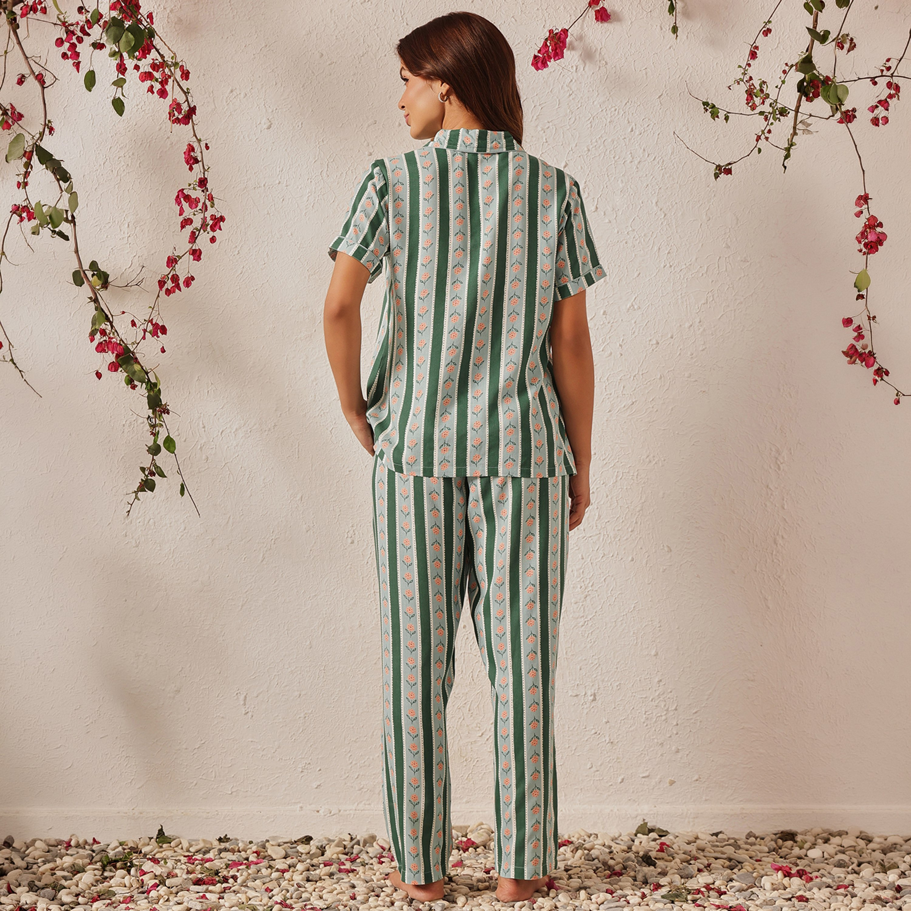 Clovia Printed Button-Down Women's Shirt & Pyjama Set in Green - Rayon-women-clothing-nightwear-pyjamas-longsets-image-4