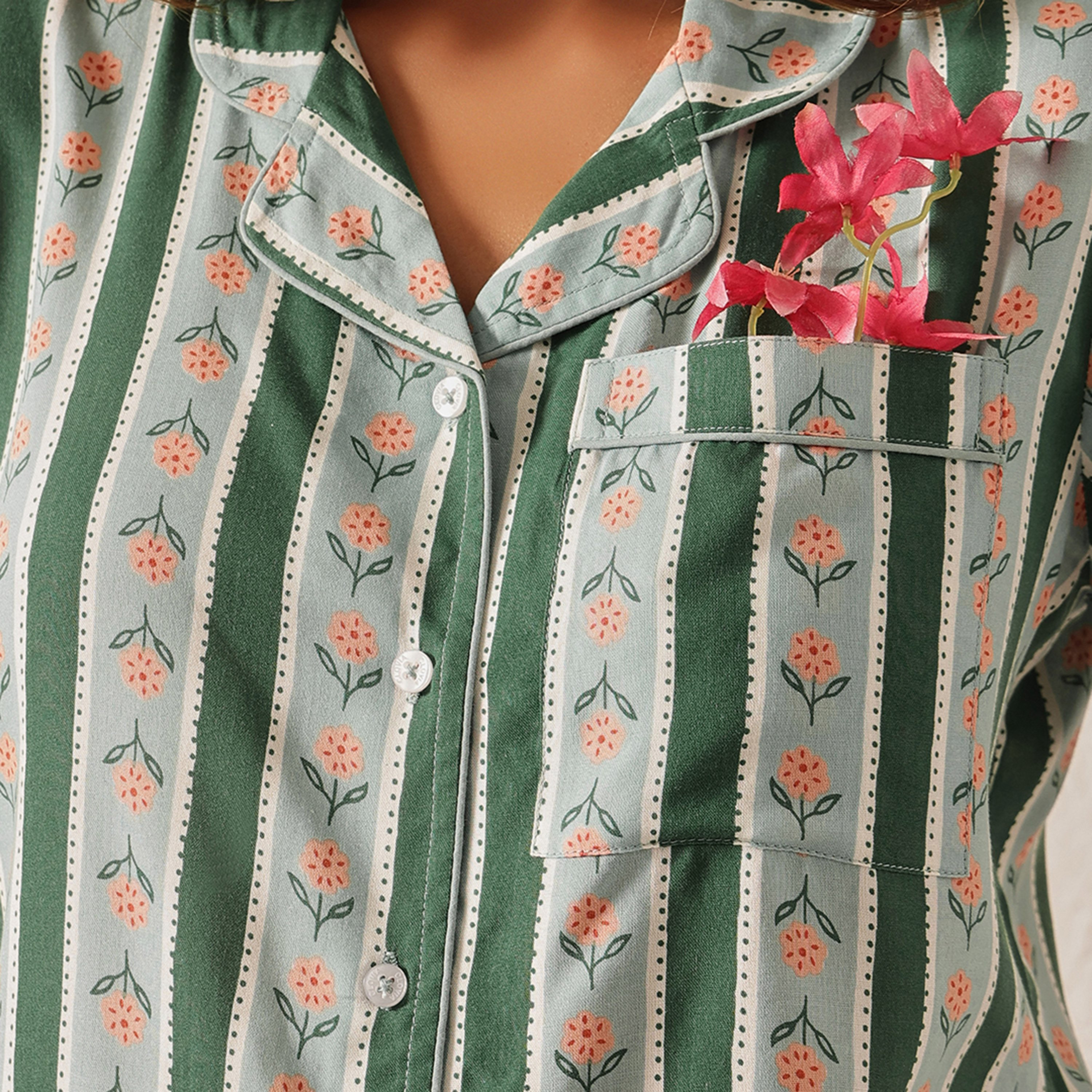 Clovia Printed Button-Down Women's Shirt & Pyjama Set in Green - Rayon-women-clothing-nightwear-pyjamas-longsets-image-5