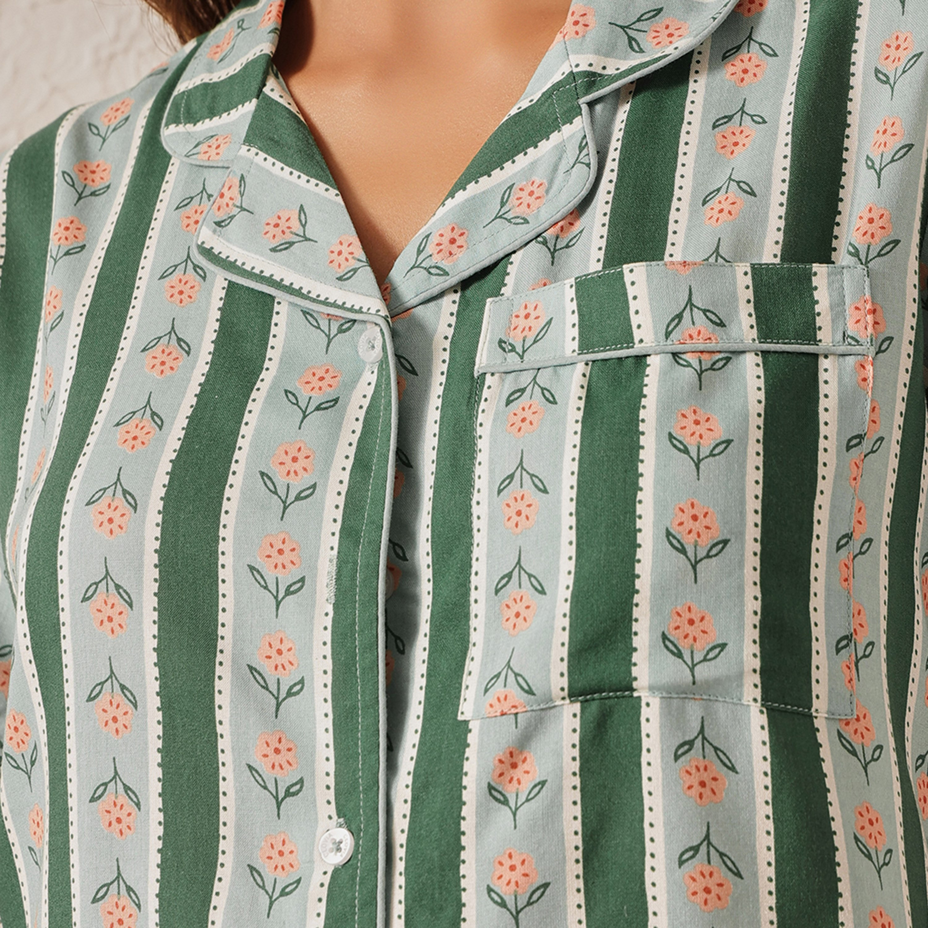Clovia Printed Button-Down Women's Shirt & Pyjama Set in Green - Rayon-women-clothing-nightwear-pyjamas-longsets-image-7