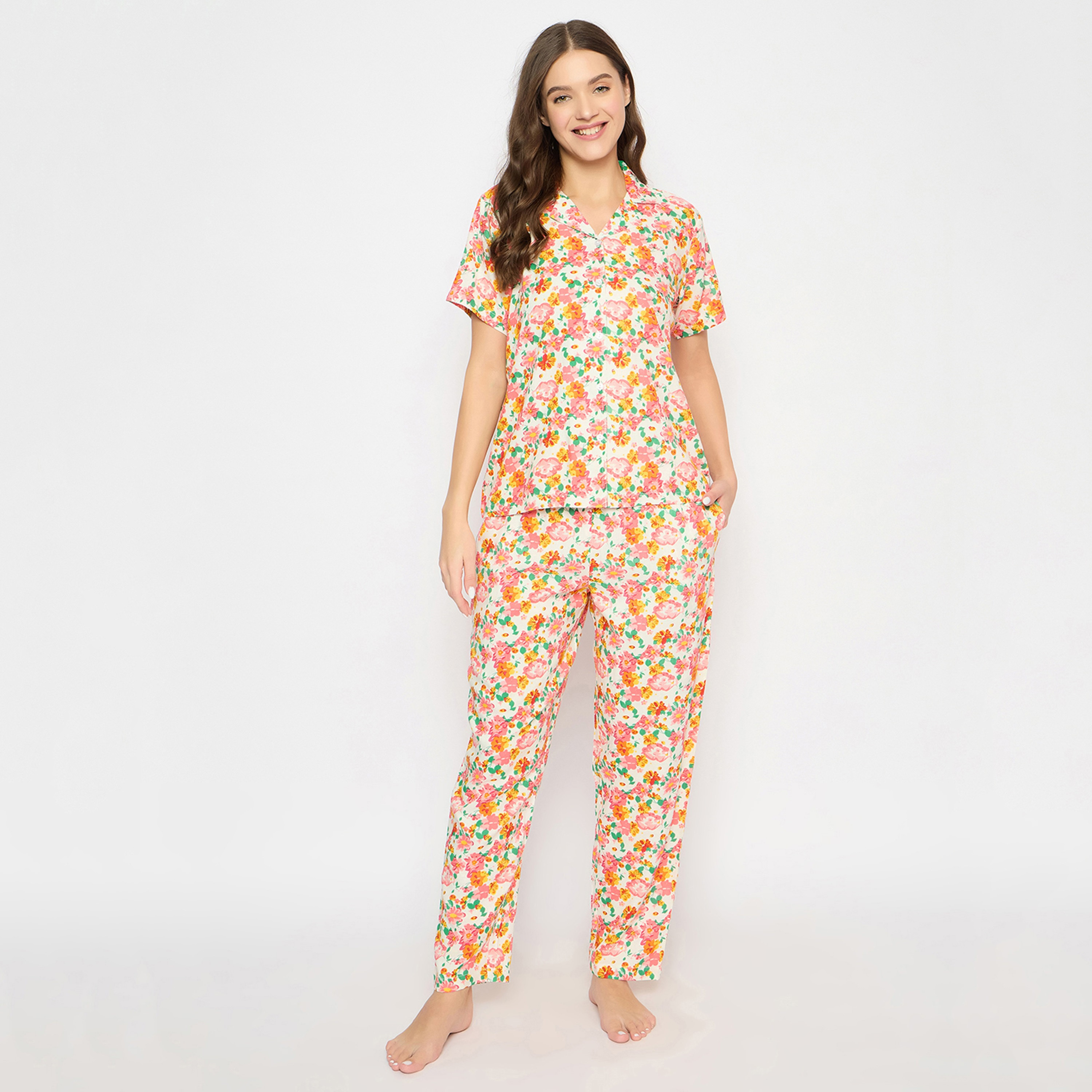 Clovia Floral Print Button Down Women's Night Suit in White - Rayon-women-clothing-nightwear-pyjamas-longsets-image-1
