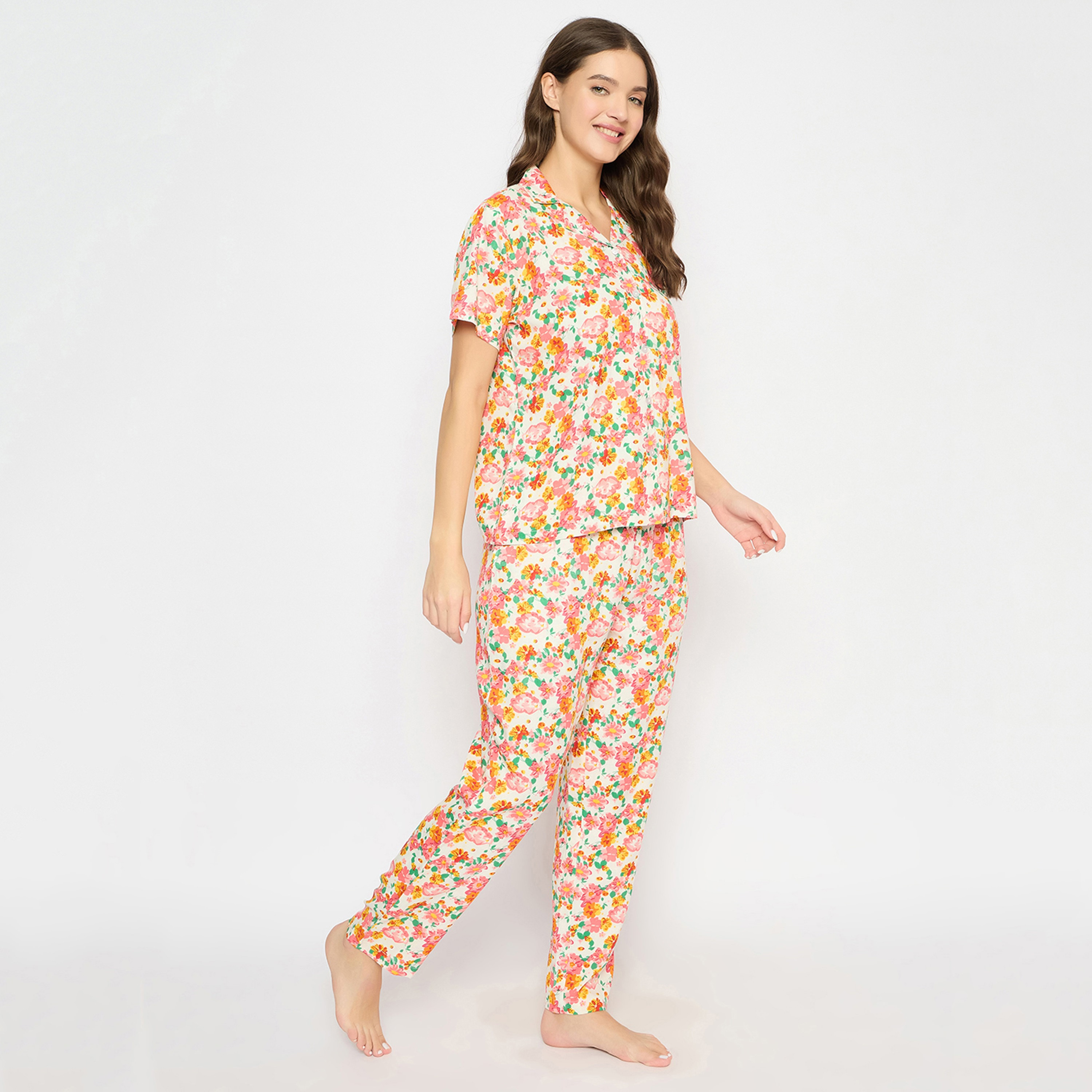 Clovia Floral Print Button Down Women's Night Suit in White - Rayon-women-clothing-nightwear-pyjamas-longsets-image-2