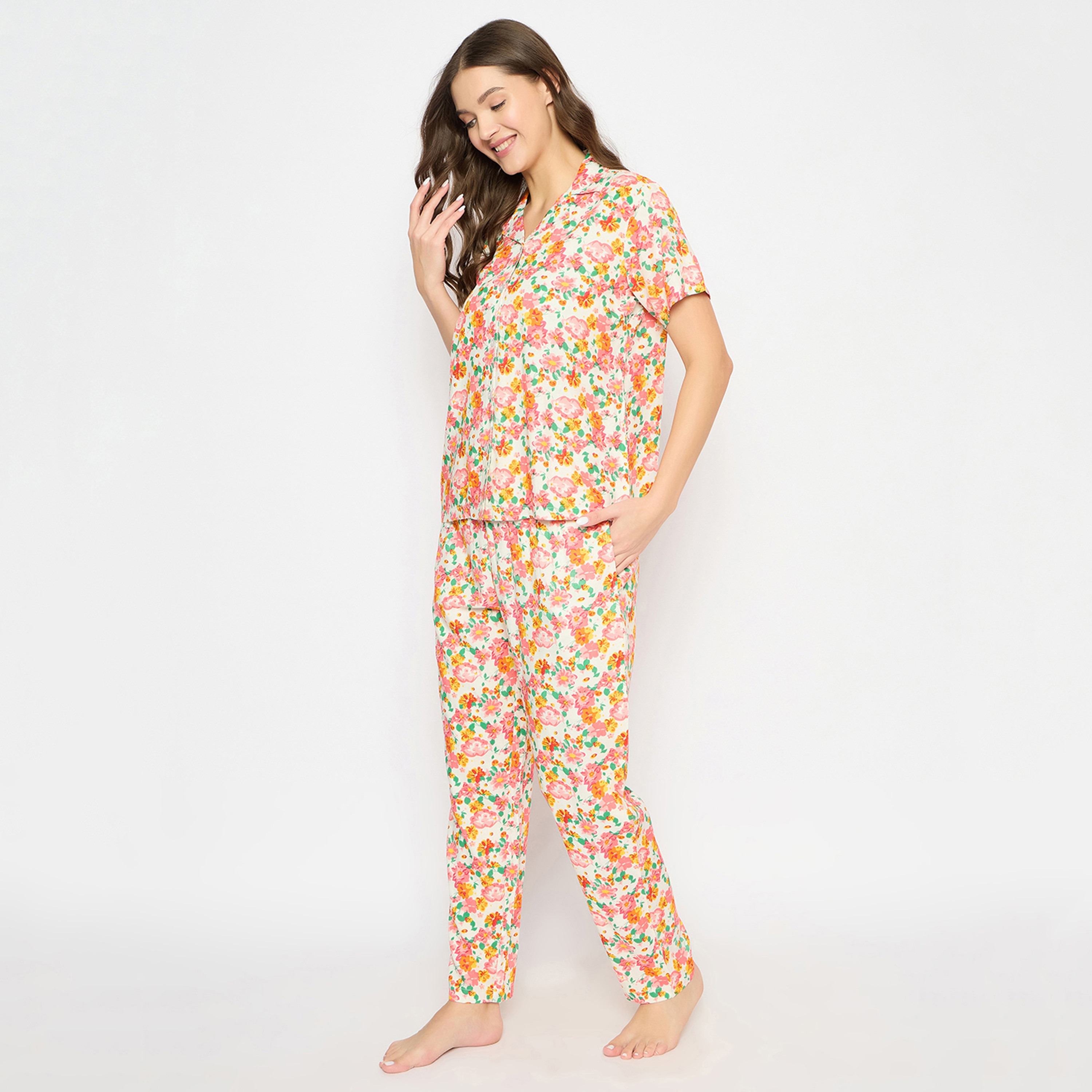 Clovia Floral Print Button Down Women's Night Suit in White - Rayon-women-clothing-nightwear-pyjamas-longsets-image-3
