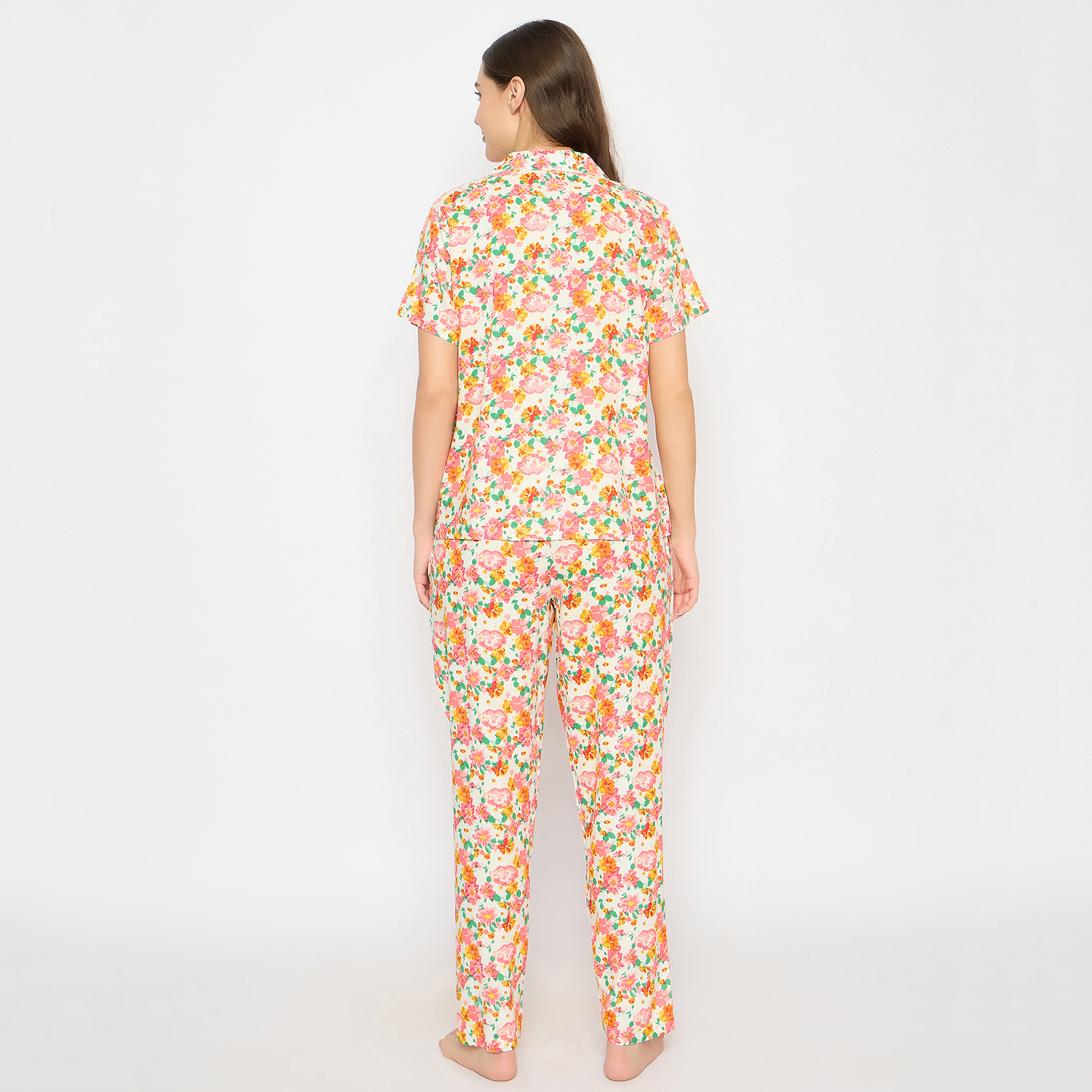 Clovia Floral Print Button Down Women's Night Suit in White - Rayon-women-clothing-nightwear-pyjamas-longsets-image-4