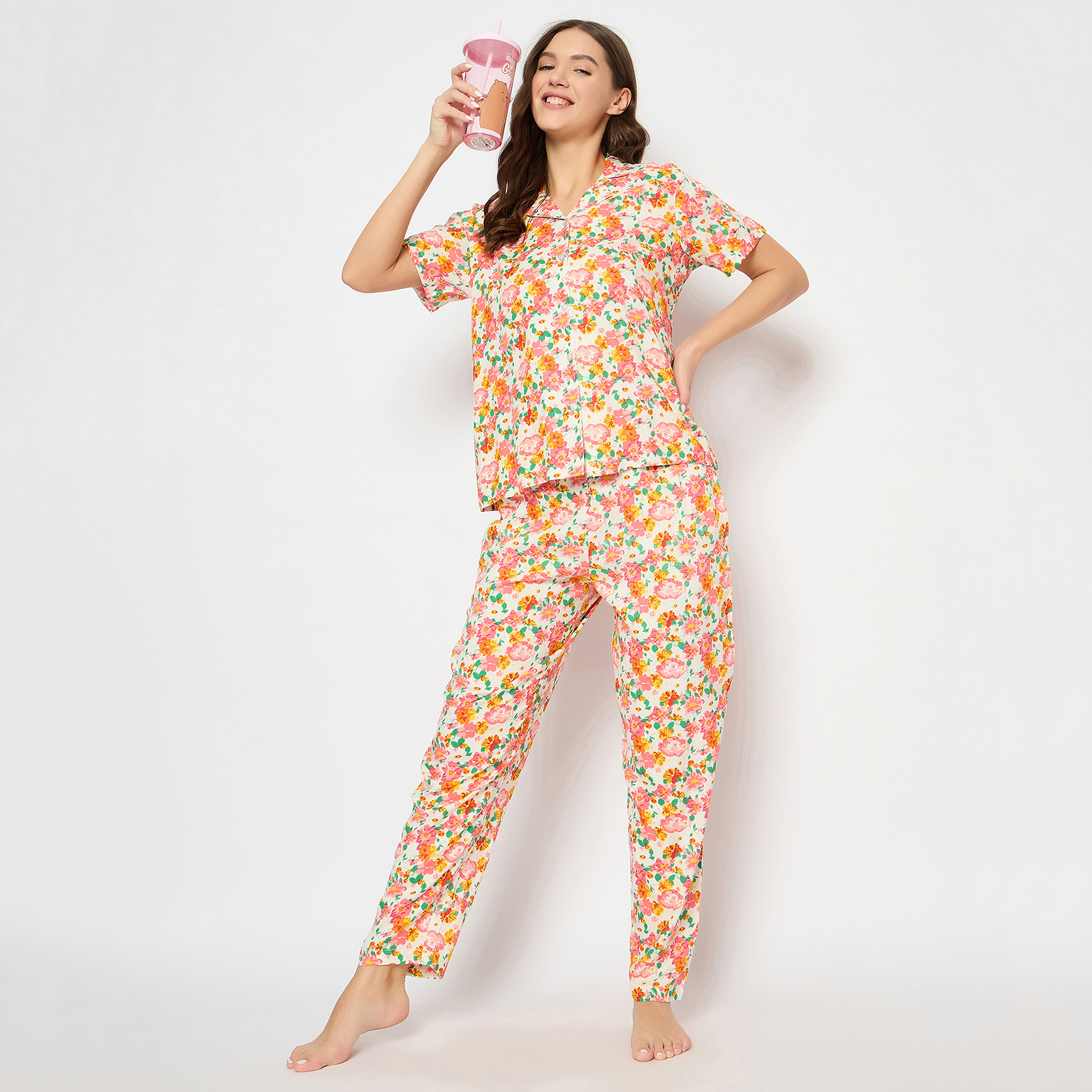 Clovia Floral Print Button Down Women's Night Suit in White - Rayon-women-clothing-nightwear-pyjamas-longsets-image-5