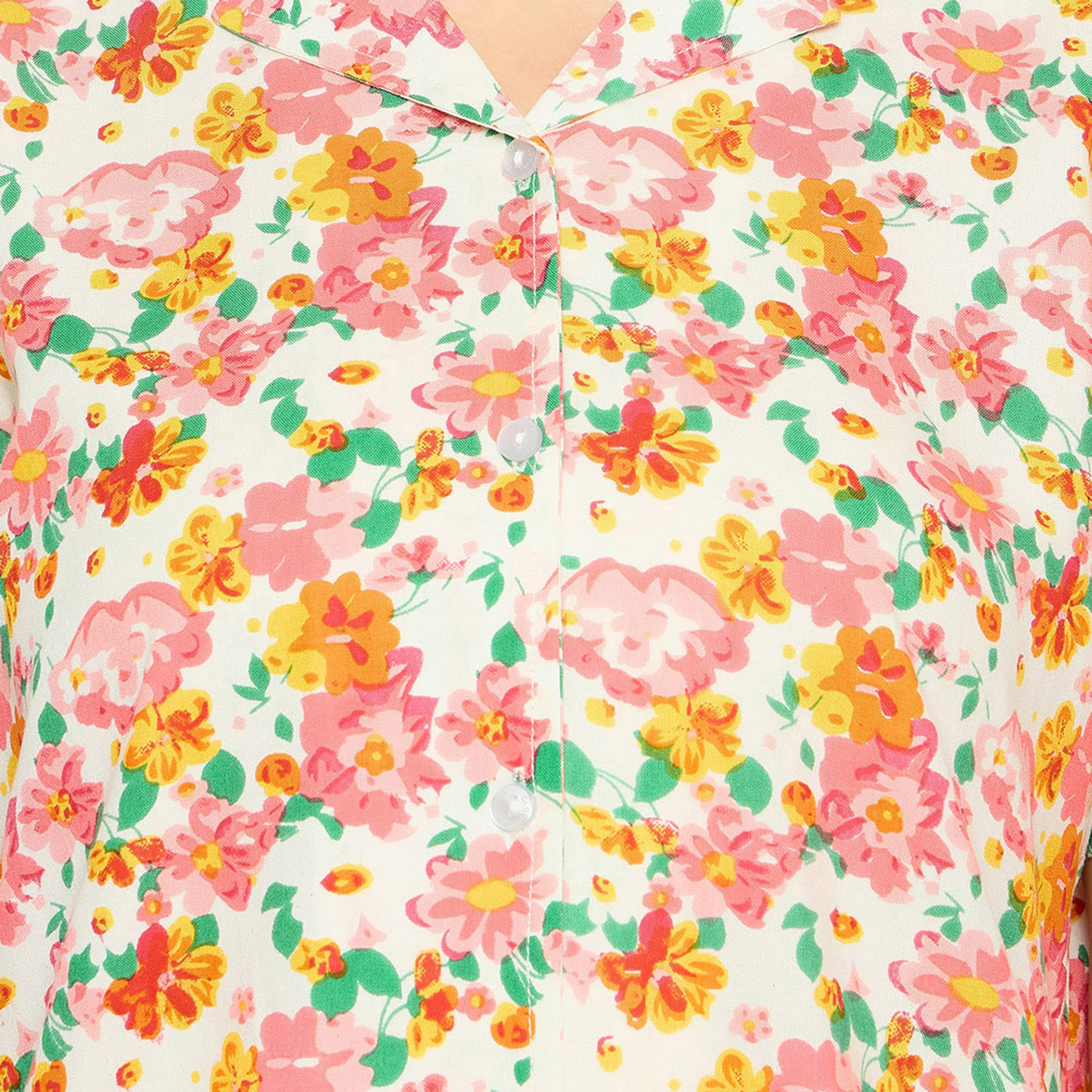 Clovia Floral Print Button Down Women's Night Suit in White - Rayon-women-clothing-nightwear-pyjamas-longsets-image-6