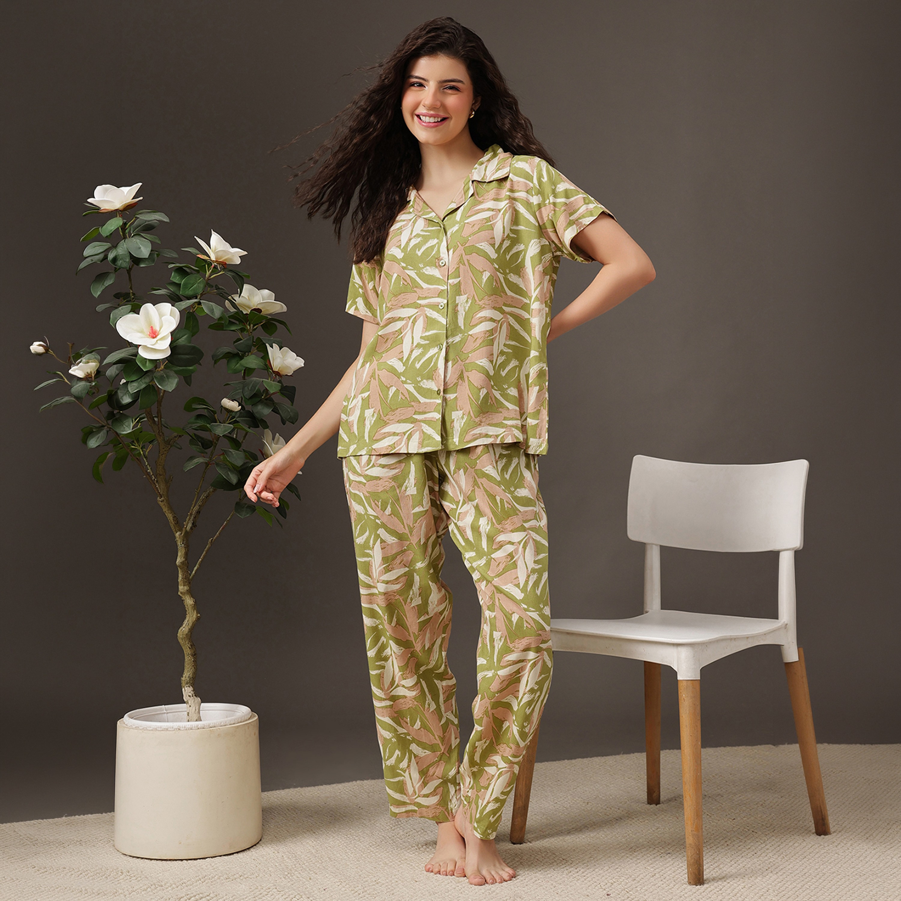 Clovia Printed Button Down Women's Shirt & Pyjama Set in Olive Green - Rayon-women-clothing-nightwear-pyjamas-longsets-image-1