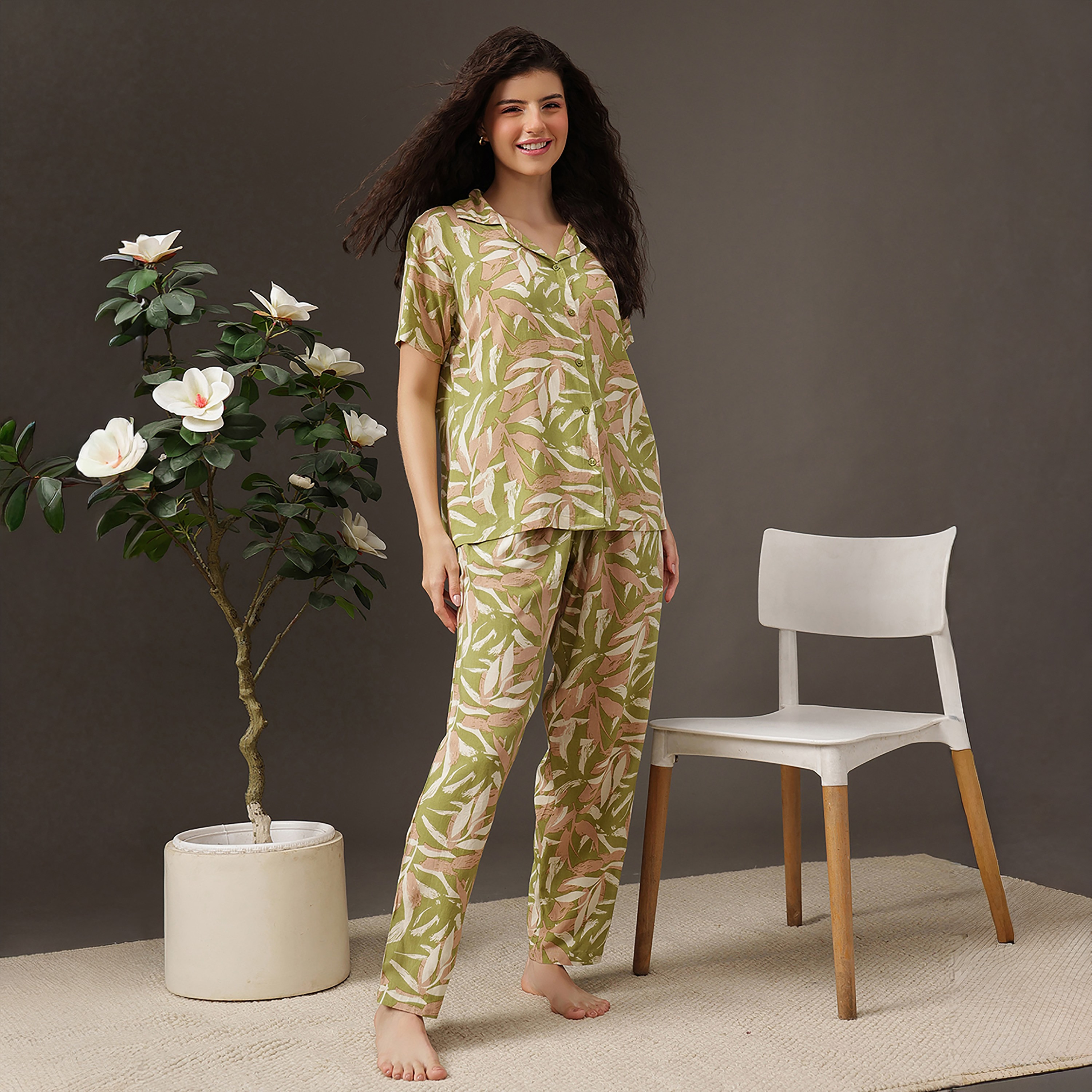 Clovia Printed Button Down Women's Shirt & Pyjama Set in Olive Green - Rayon-women-clothing-nightwear-pyjamas-longsets-image-2