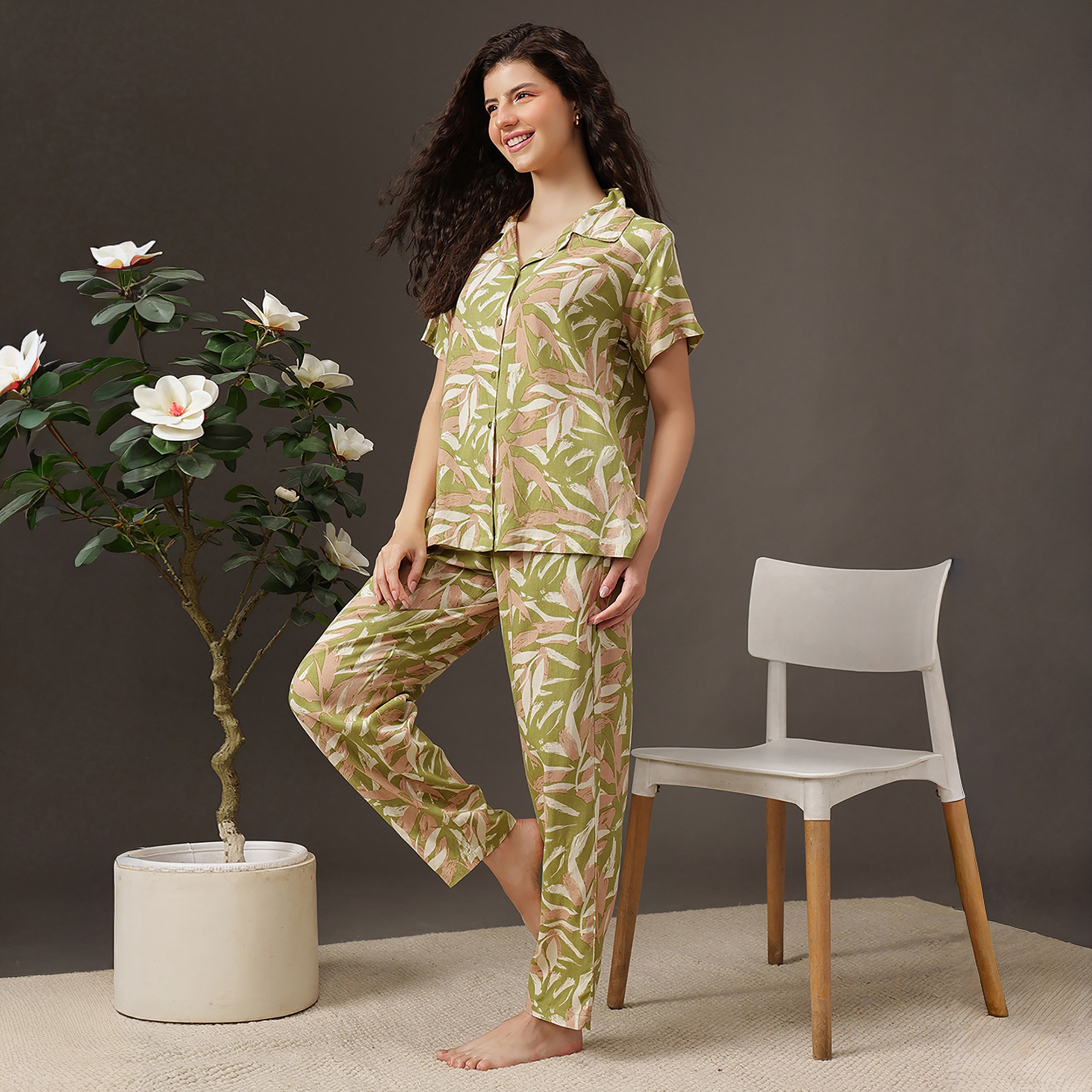 Clovia Printed Button Down Women's Shirt & Pyjama Set in Olive Green - Rayon-women-clothing-nightwear-pyjamas-longsets-image-3