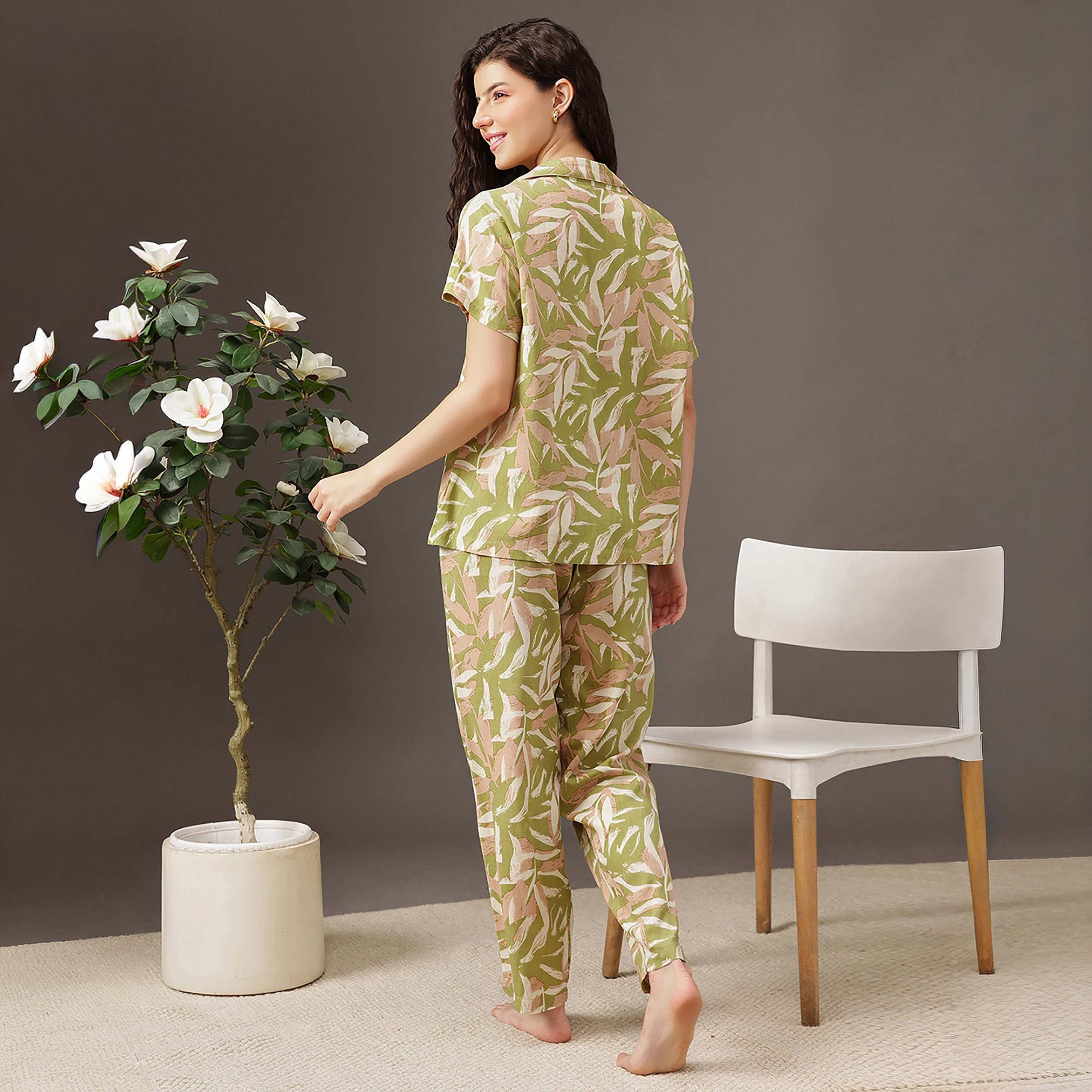 Clovia Printed Button Down Women's Shirt & Pyjama Set in Olive Green - Rayon-women-clothing-nightwear-pyjamas-longsets-image-4