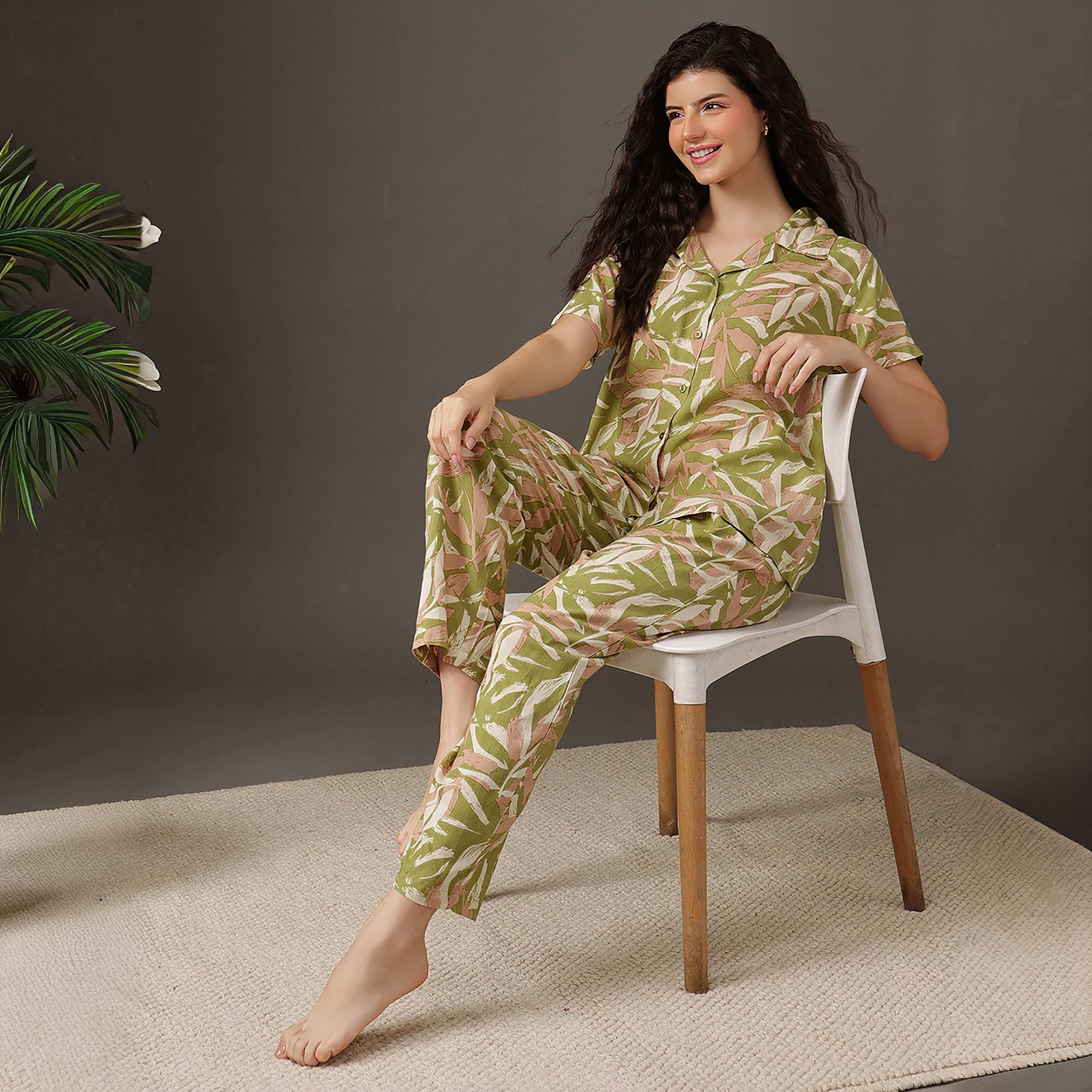 Clovia Printed Button Down Women's Shirt & Pyjama Set in Olive Green - Rayon-women-clothing-nightwear-pyjamas-longsets-image-5