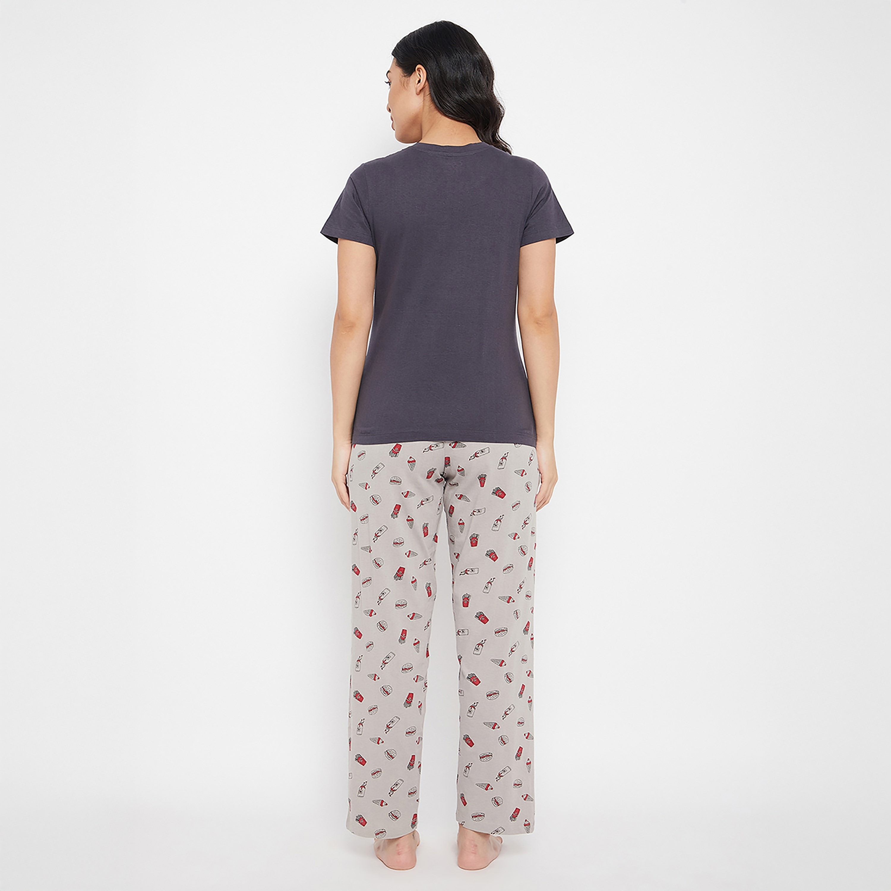 طقم بيجامة وقميص نسائي بطبعة نصية باللون الرمادي الداكن من كلوفيا - قطن 100%-women-clothing-nightwear-pyjamas-longsets-image-4