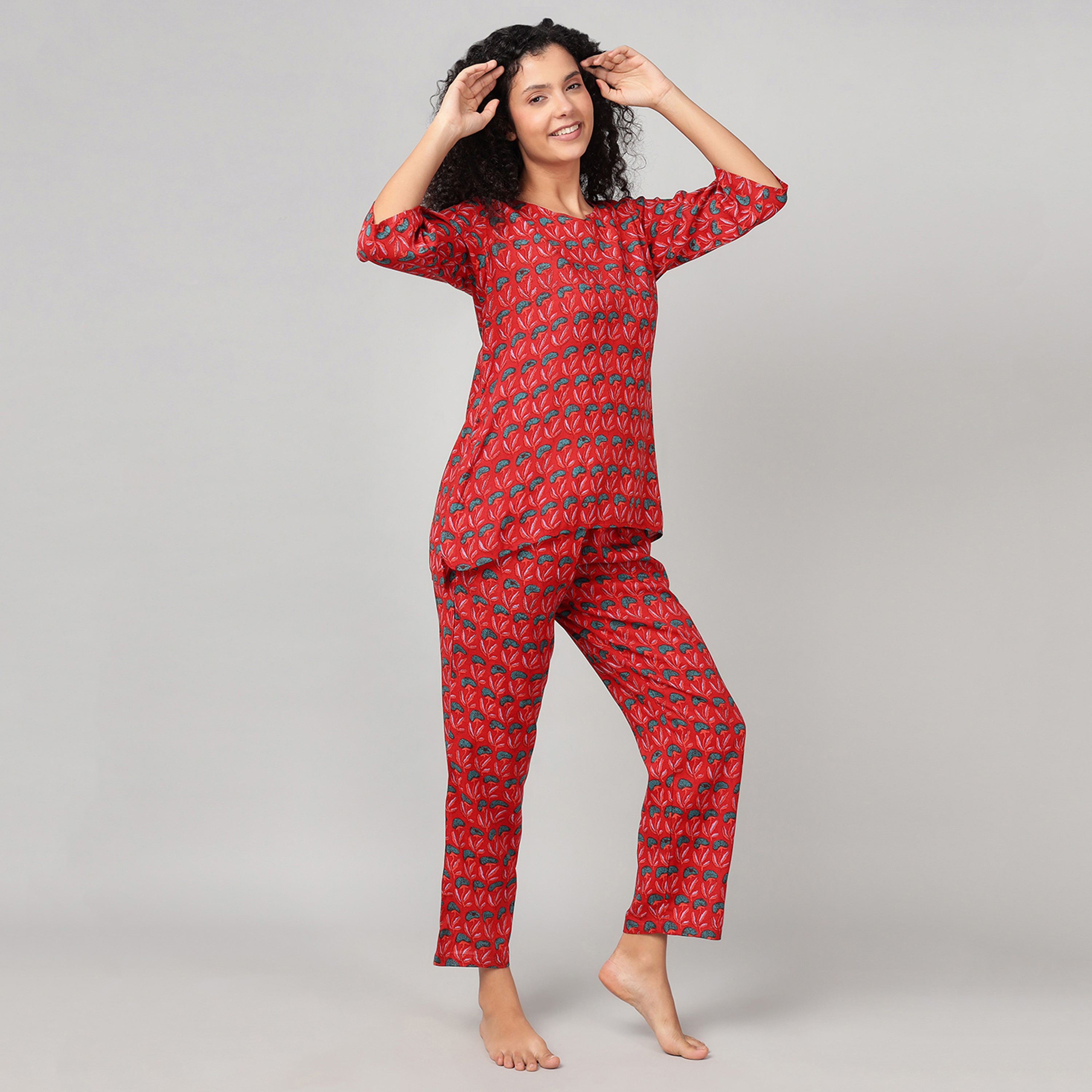Clovia Floral Print Women's Kurta Top & Pyjama Set in Red - Rayon-women-clothing-nightwear-pyjamas-longsets-image-1