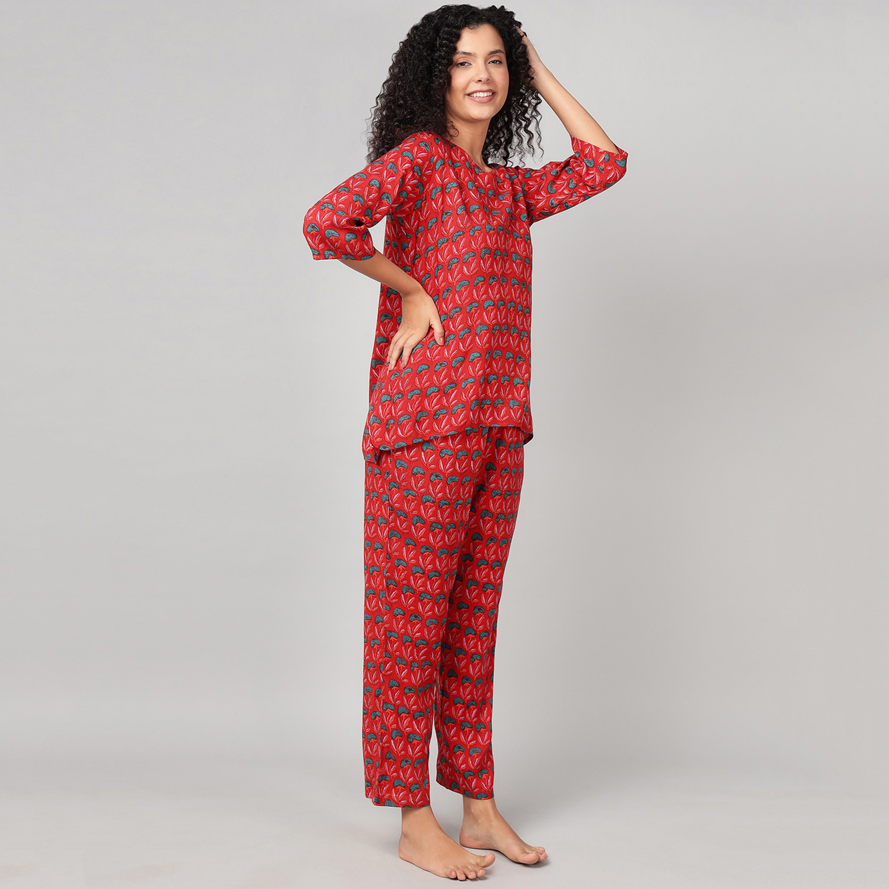Clovia Floral Print Women's Kurta Top & Pyjama Set in Red - Rayon-women-clothing-nightwear-pyjamas-longsets-image-2