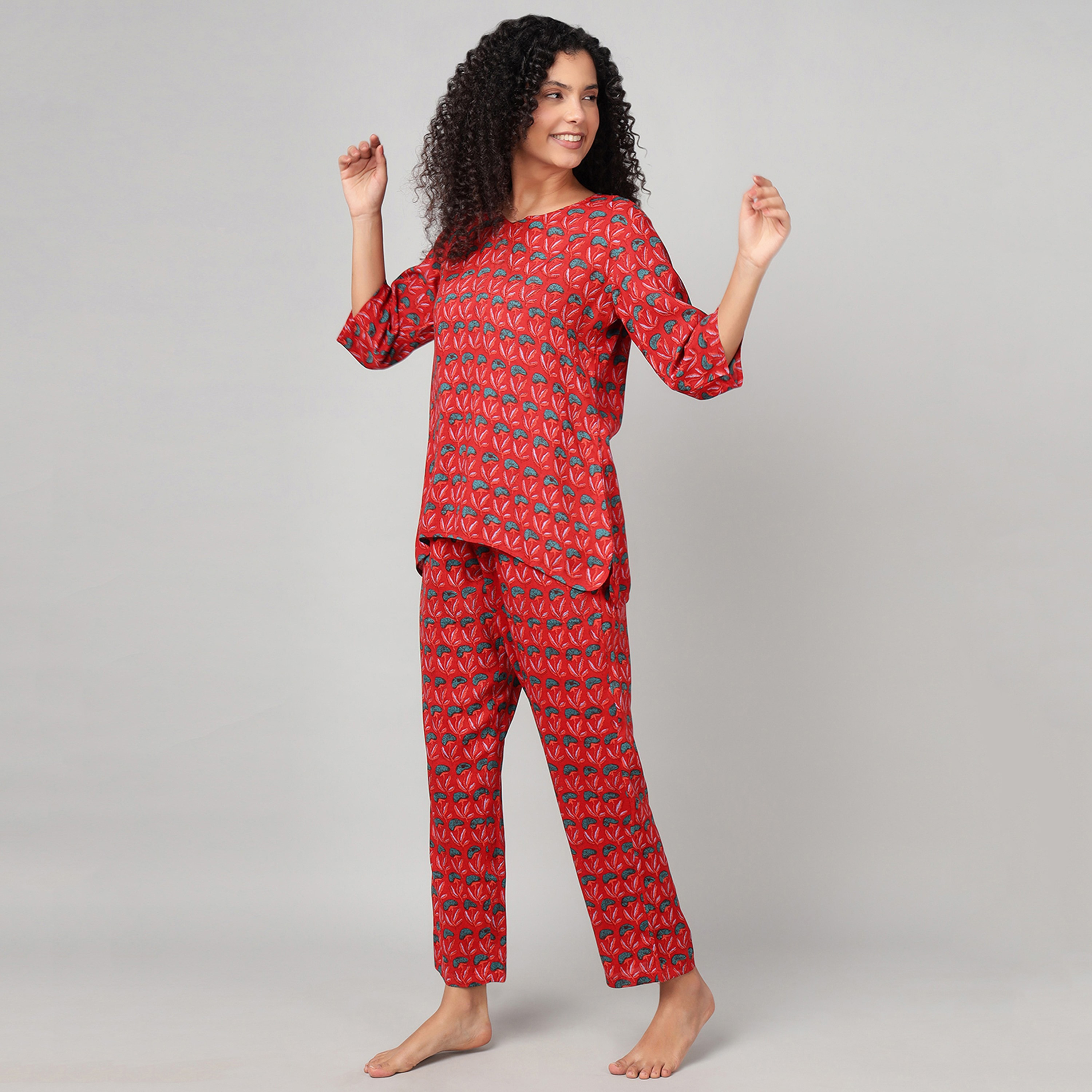 Clovia Floral Print Women's Kurta Top & Pyjama Set in Red - Rayon-women-clothing-nightwear-pyjamas-longsets-image-3