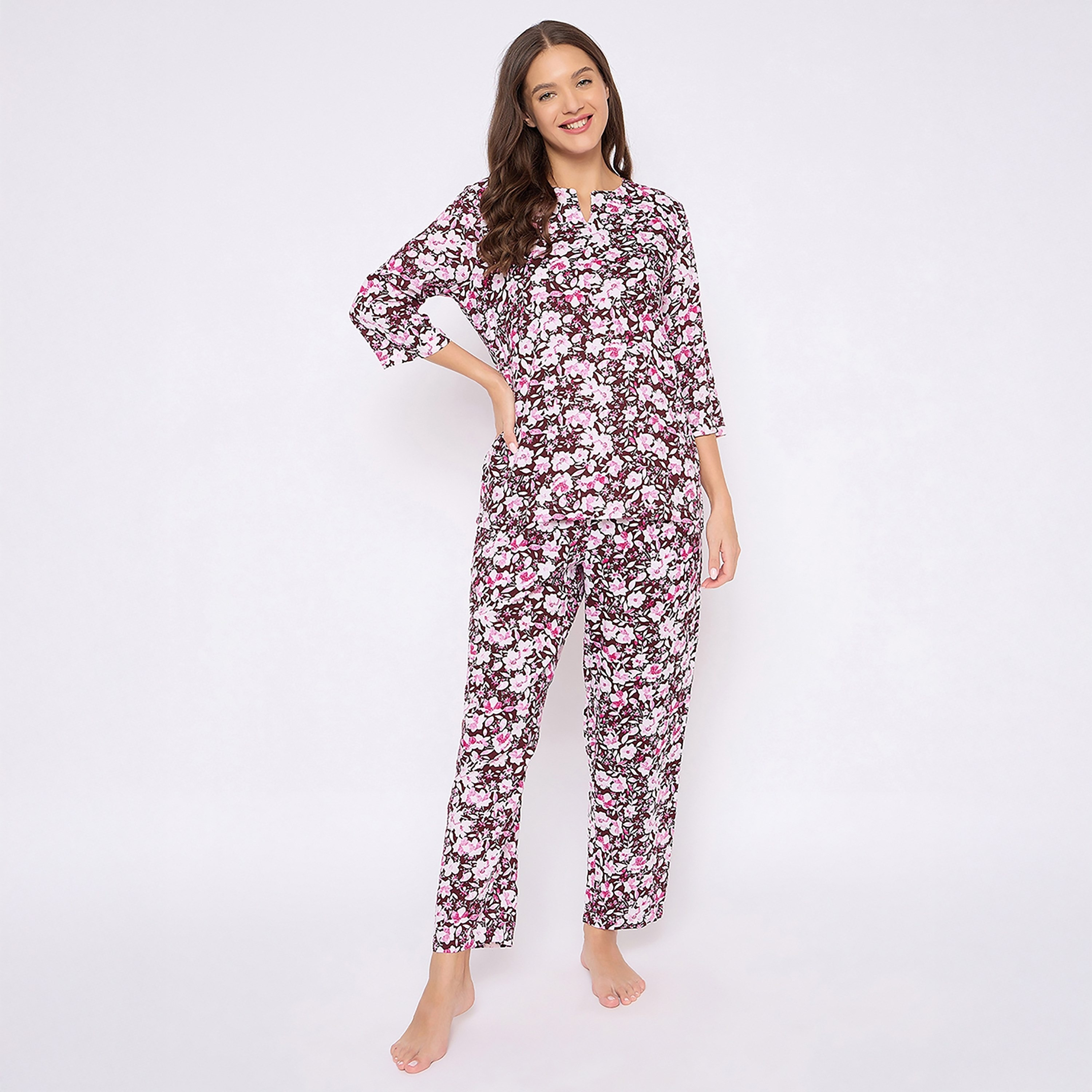 طقم بيجامة وقميص نسائي بطبعة زهور باللون البنفسجي من كلوفيا - رايون-women-clothing-nightwear-pyjamas-longsets-image-1