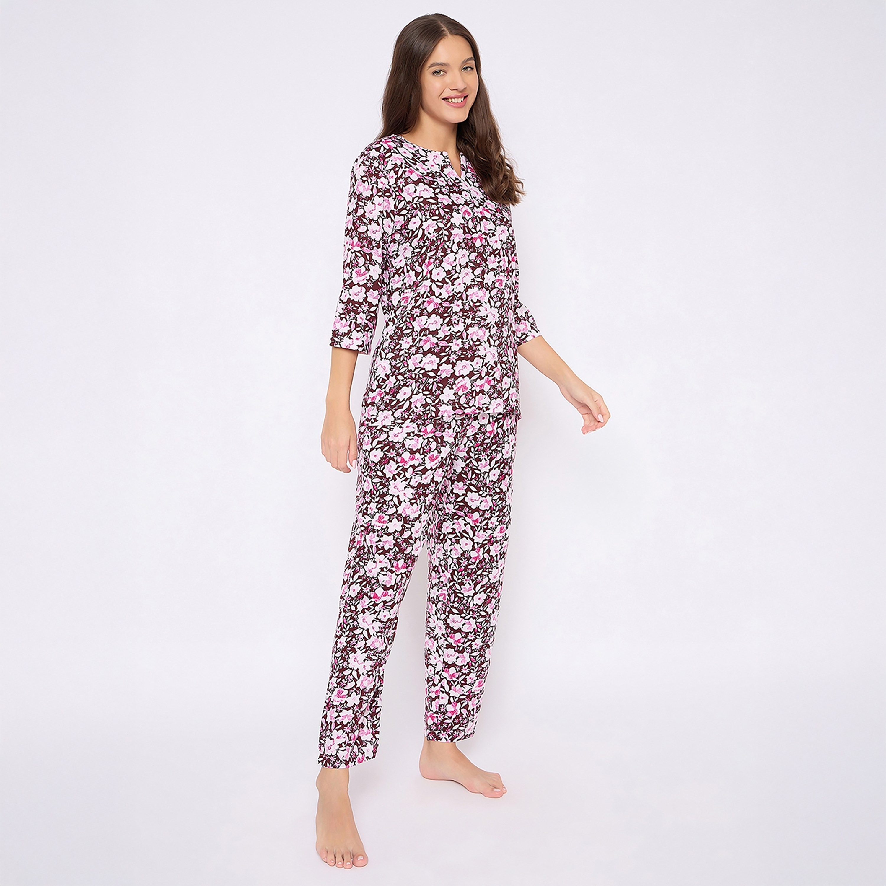طقم بيجامة وقميص نسائي بطبعة زهور باللون البنفسجي من كلوفيا - رايون-women-clothing-nightwear-pyjamas-longsets-image-3