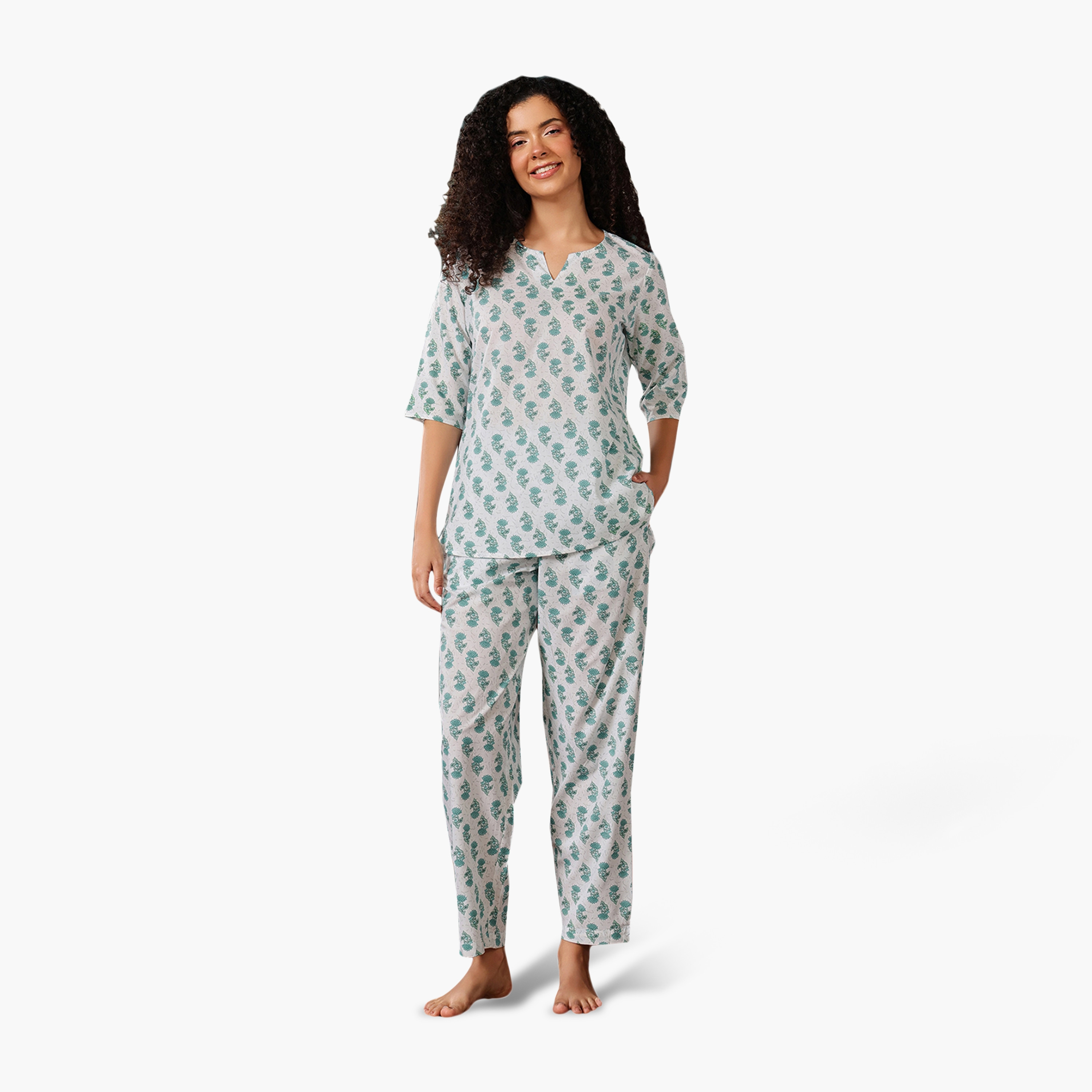 Clovia Pretty Florals Women's Top & Pyjama in Teal Green - 100% Cotton-women-clothing-nightwear-pyjamas-longsets-image-1