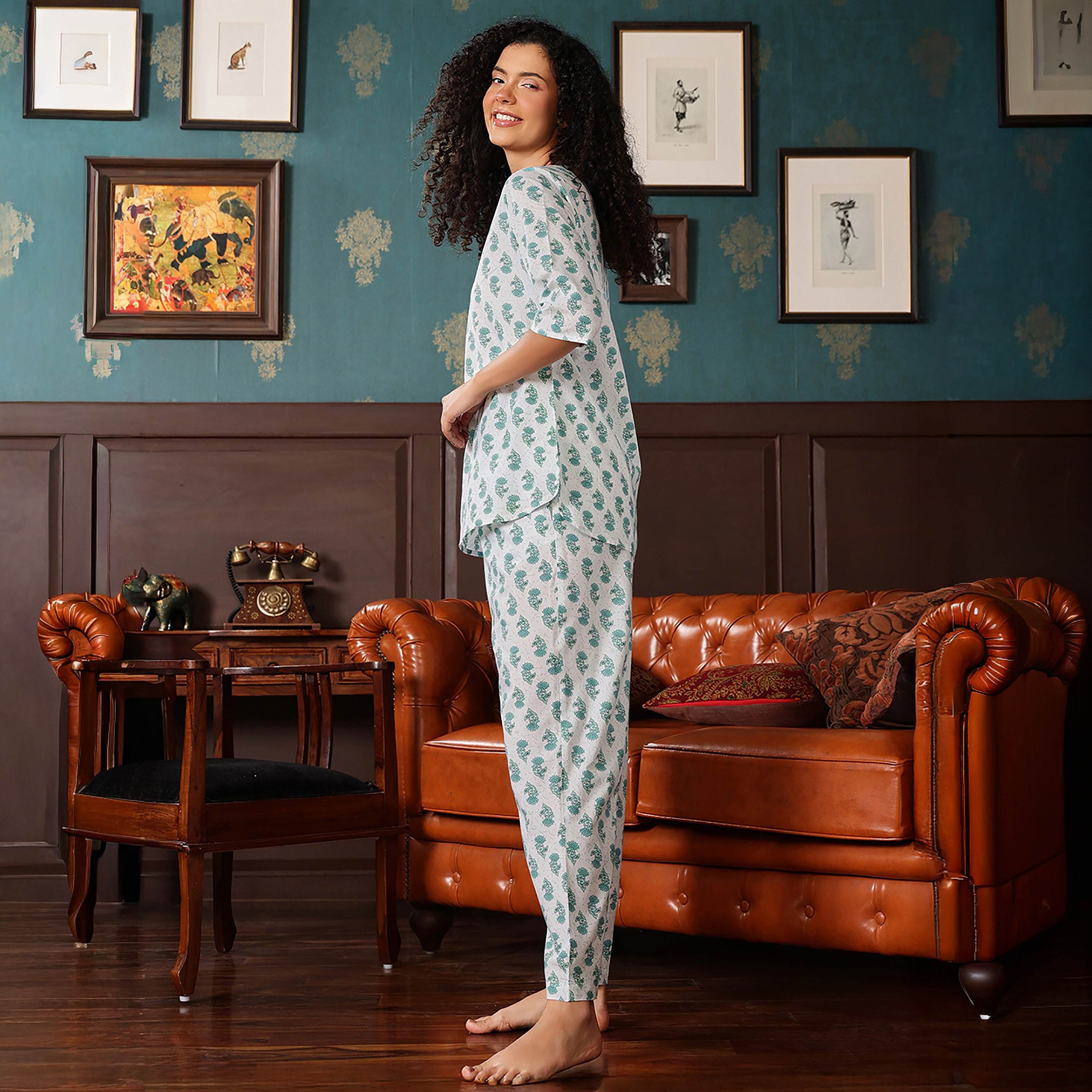 Clovia Pretty Florals Women's Top & Pyjama in Teal Green - 100% Cotton-women-clothing-nightwear-pyjamas-longsets-image-3