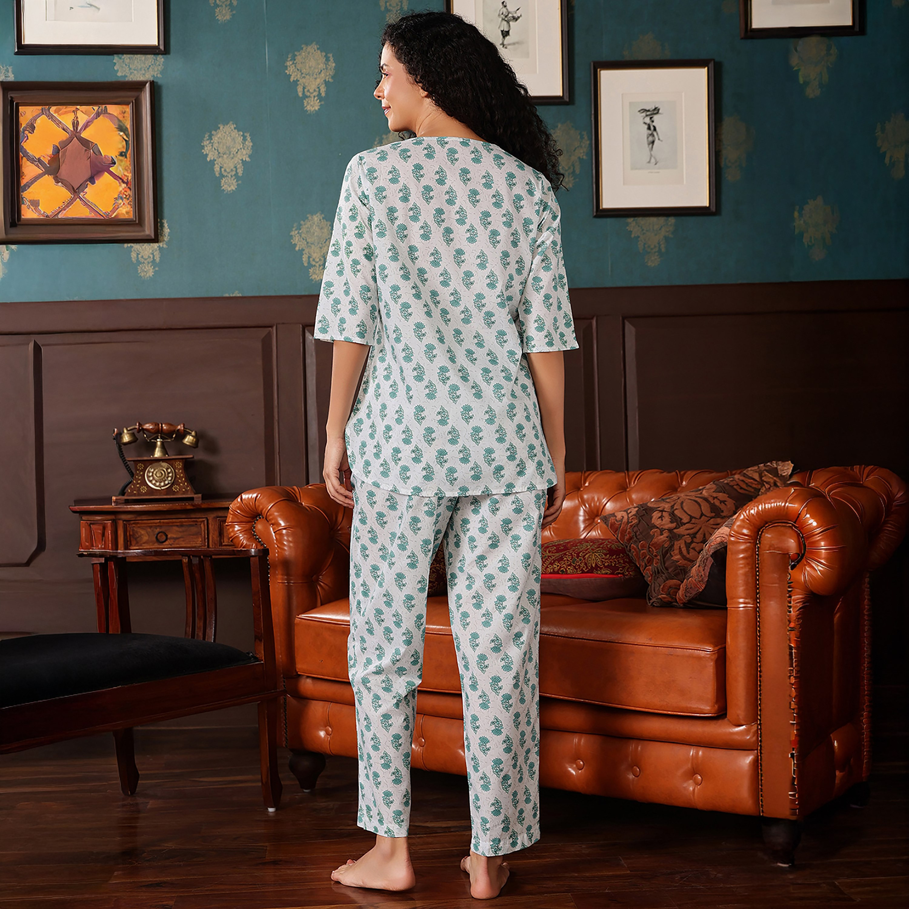 Clovia Pretty Florals Women's Top & Pyjama in Teal Green - 100% Cotton-women-clothing-nightwear-pyjamas-longsets-image-4