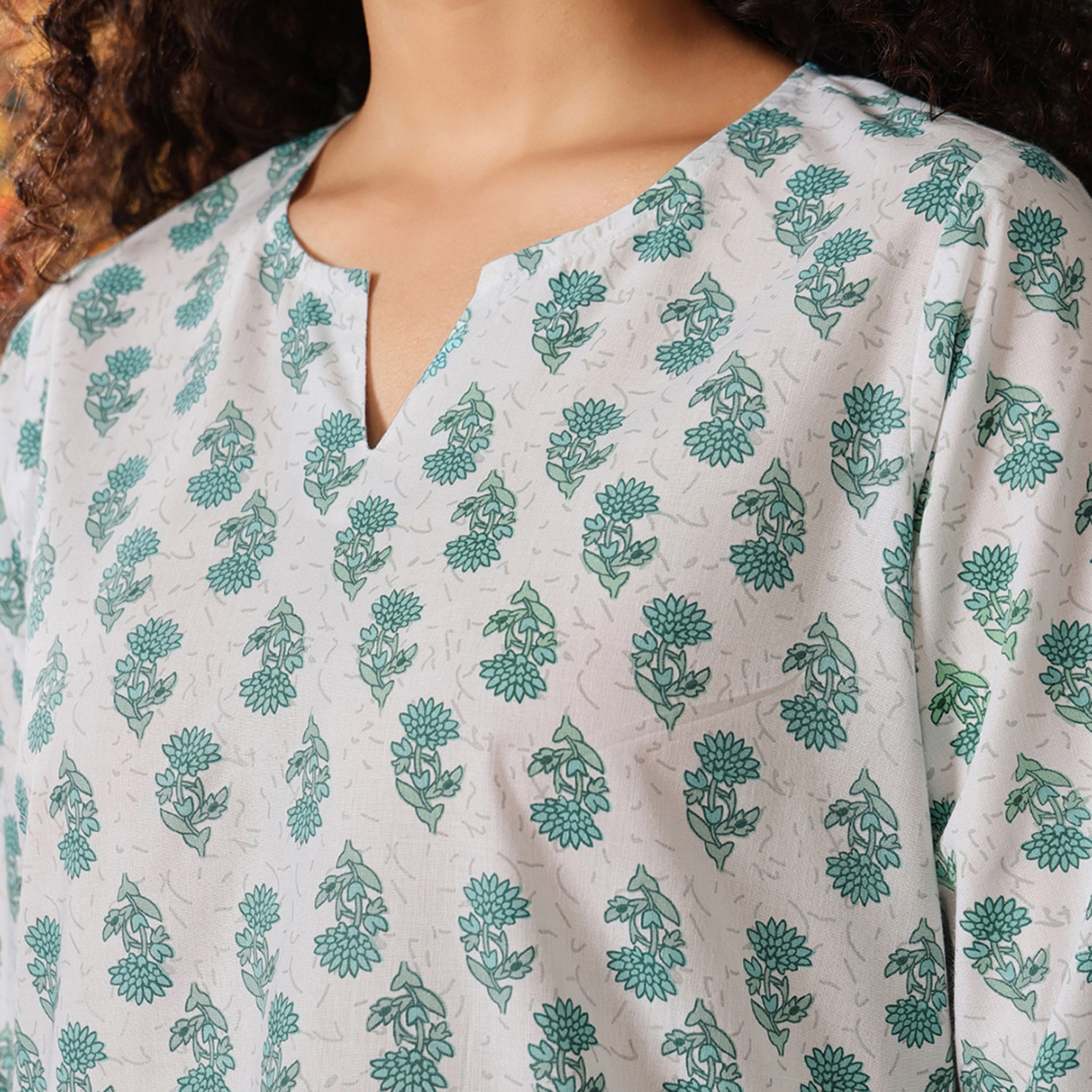 Clovia Pretty Florals Women's Top & Pyjama in Teal Green - 100% Cotton-women-clothing-nightwear-pyjamas-longsets-image-5