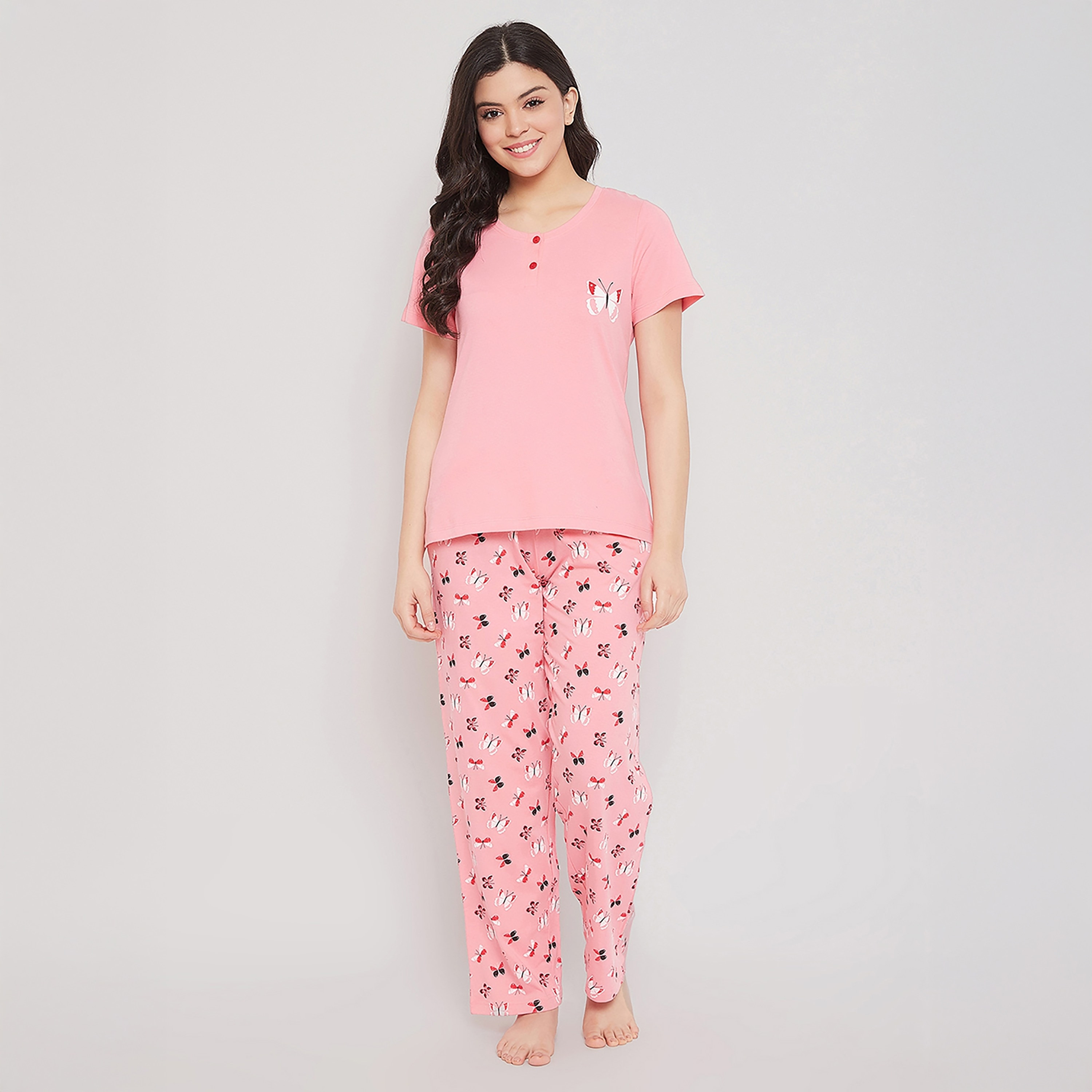 Clovia Butterfly Printed Women's Top & Pyjama in Peach Pink - 100% Cotton-women-clothing-nightwear-pyjamas-longsets-image-1