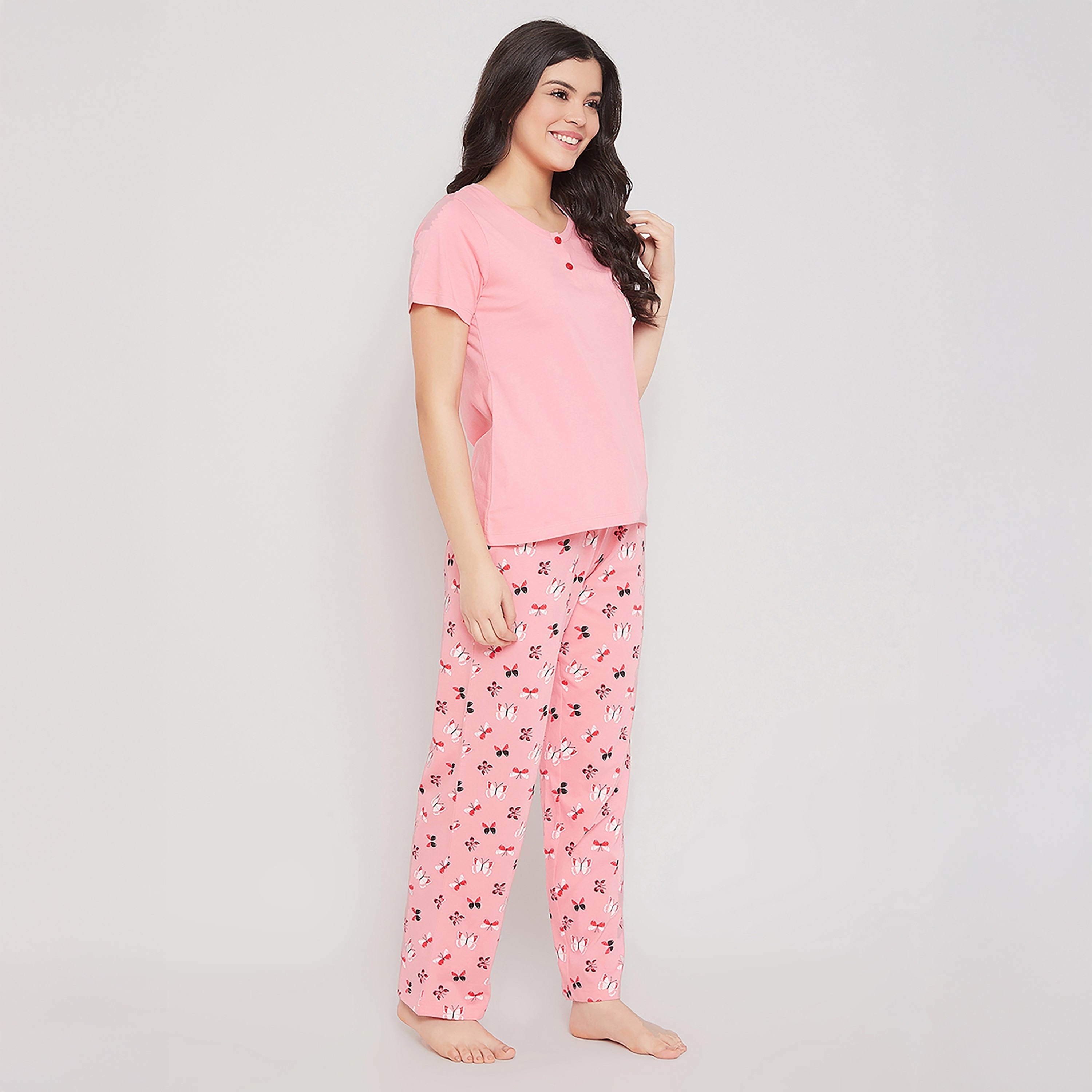 Clovia Butterfly Printed Women's Top & Pyjama in Peach Pink - 100% Cotton-women-clothing-nightwear-pyjamas-longsets-image-2