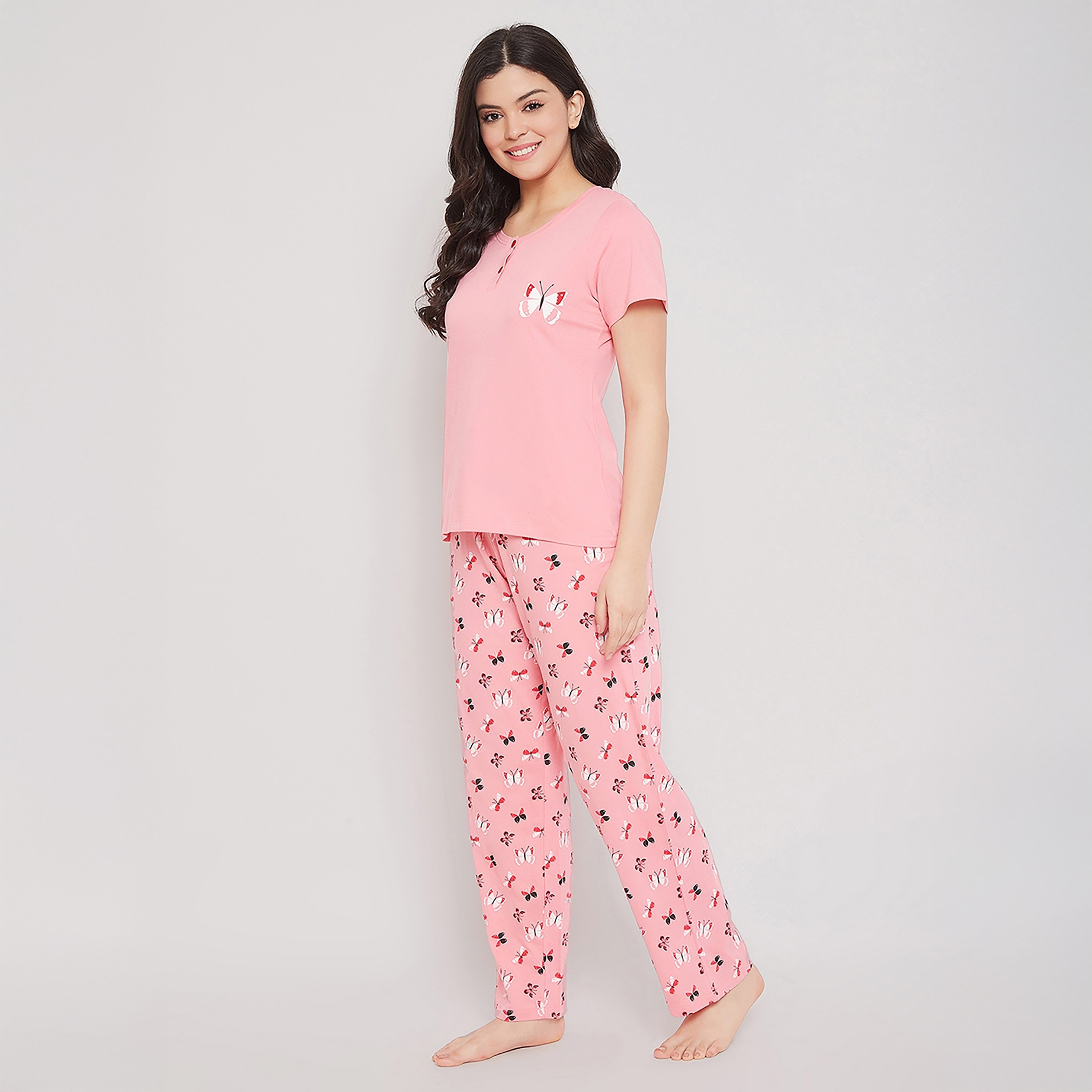 Clovia Butterfly Printed Women's Top & Pyjama in Peach Pink - 100% Cotton-women-clothing-nightwear-pyjamas-longsets-image-3