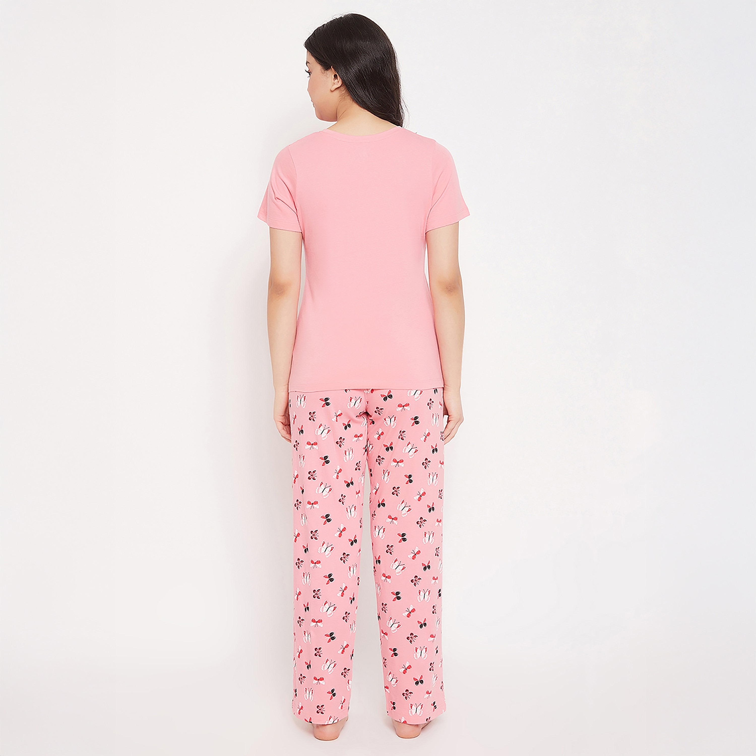 Clovia Butterfly Printed Women's Top & Pyjama in Peach Pink - 100% Cotton-women-clothing-nightwear-pyjamas-longsets-image-4