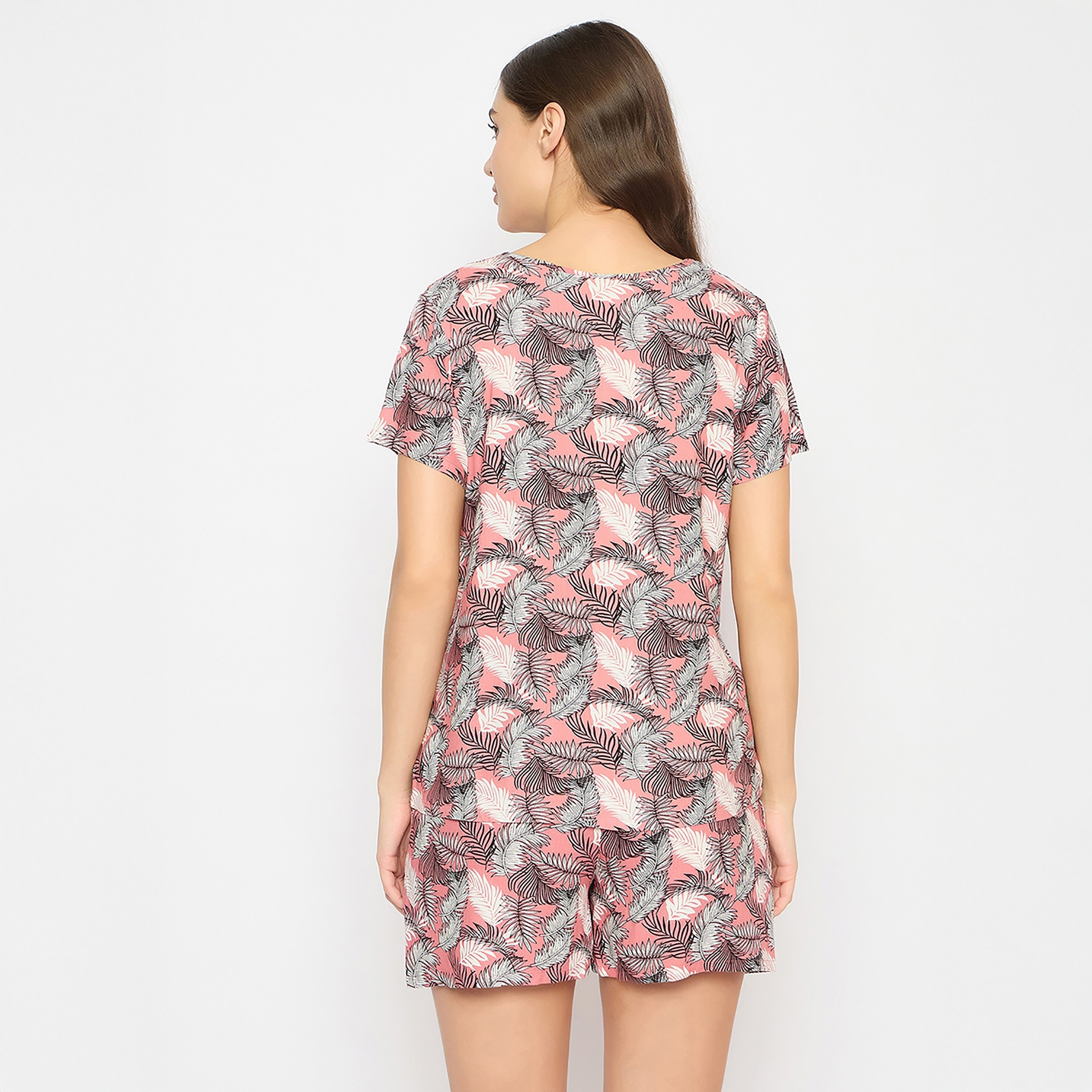Clovia Leaf Printed Women's Top & Shorts Set in Dusty Pink- Rayon-women-clothing-nightwear-pyjamas-shortsets-image-4