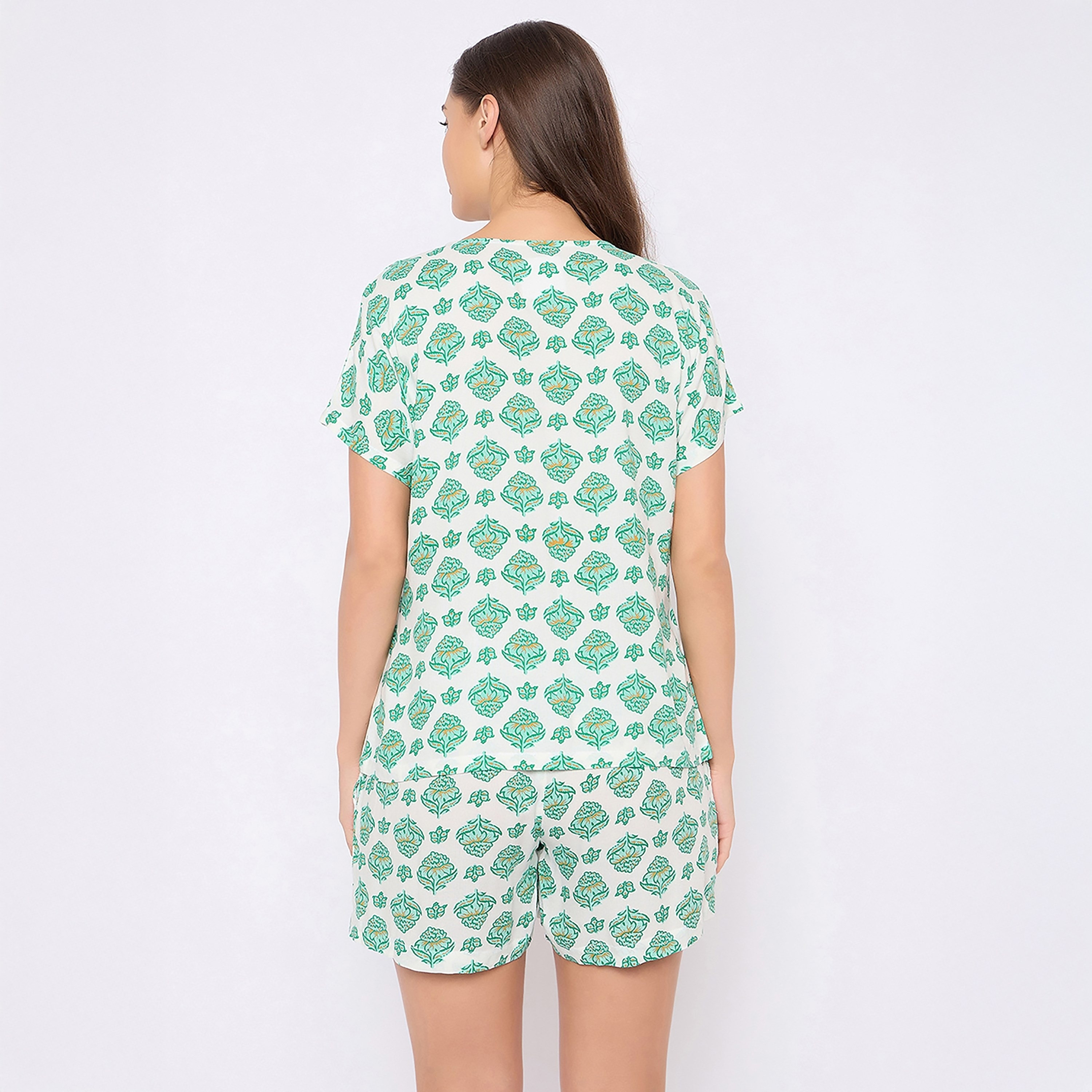 Clovia Pretty Floral Printed Women's Top & Shorts Set in White - Rayon-women-clothing-nightwear-pyjamas-shortsets-image-4