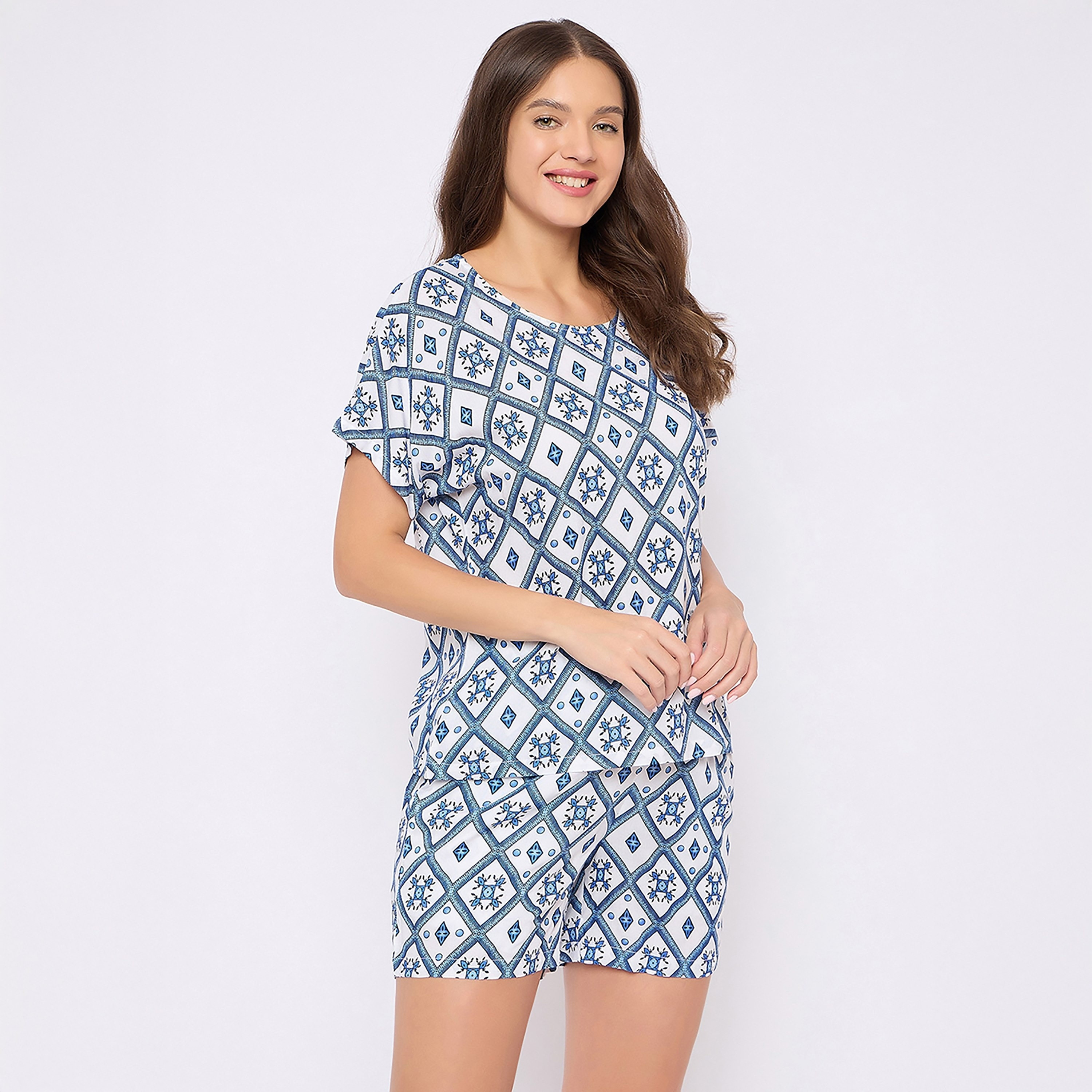 Clovia Pretty Printed Women's Top & Shorts Set in White - Rayon-women-clothing-nightwear-pyjamas-shortsets-image-3