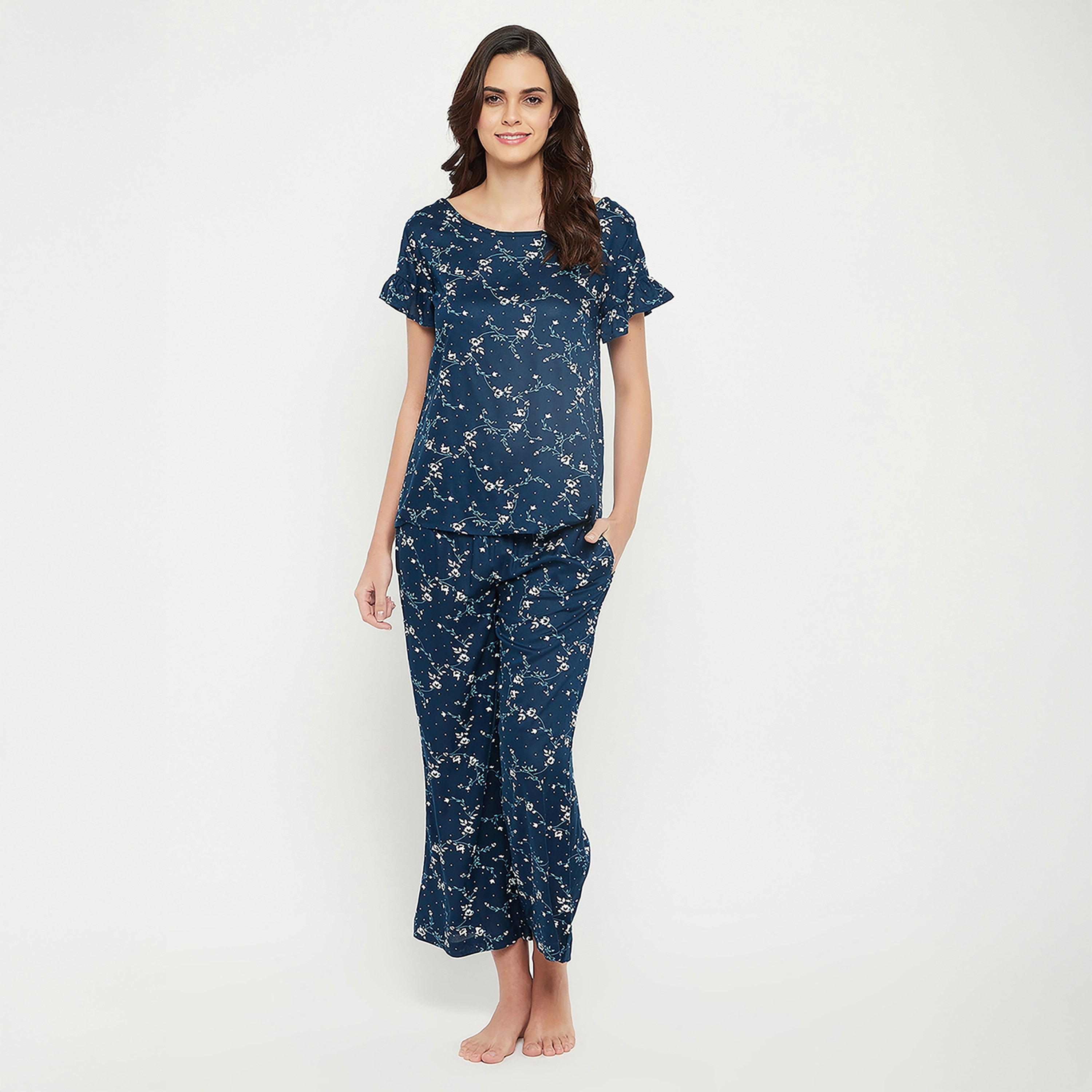 Clovia Pretty Florals Women's Top & Pyjama Set in Teal Blue - Cotton Rich-women-clothing-nightwear-pyjamas-longsets-image-1