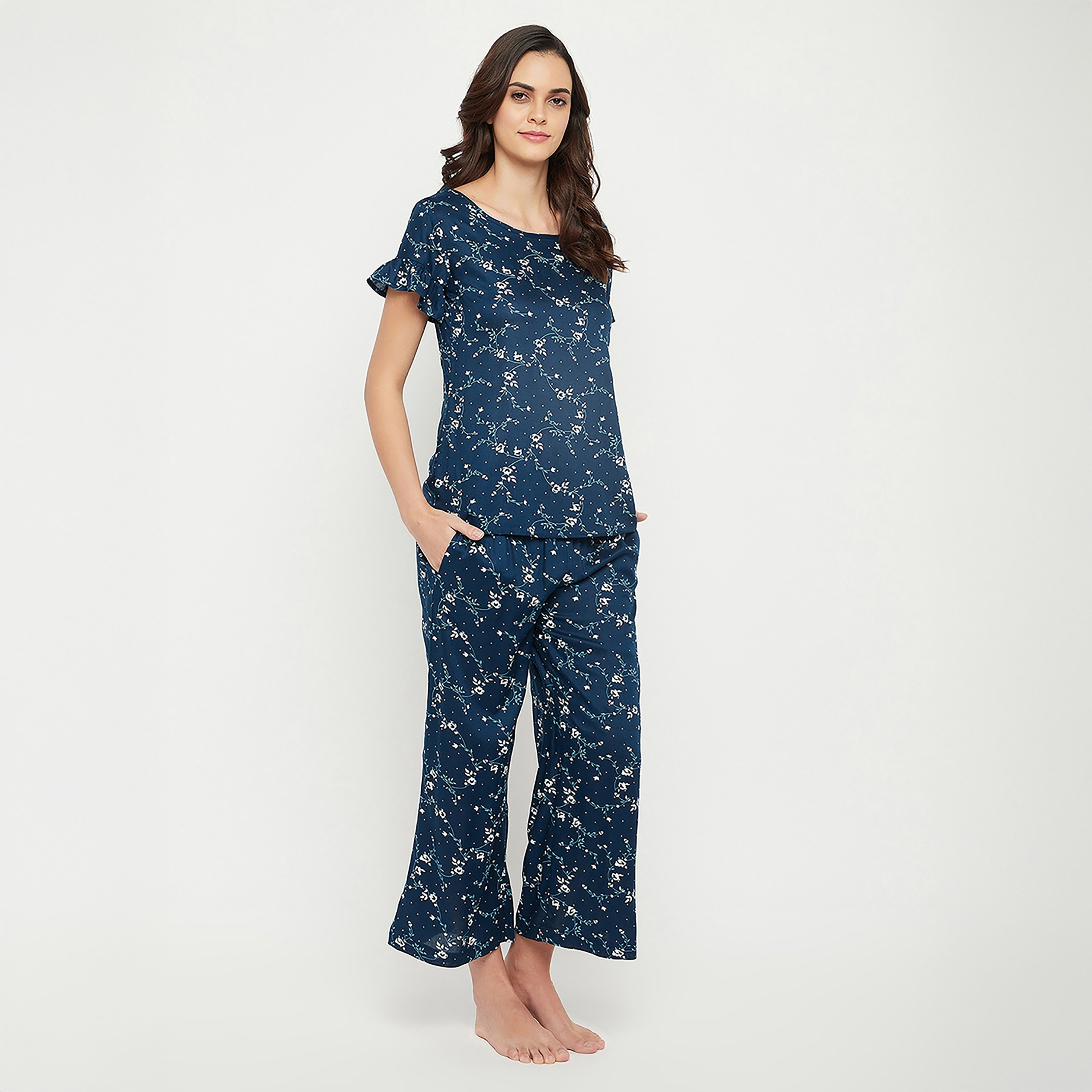 Clovia Pretty Florals Women's Top & Pyjama Set in Teal Blue - Cotton Rich-women-clothing-nightwear-pyjamas-longsets-image-2